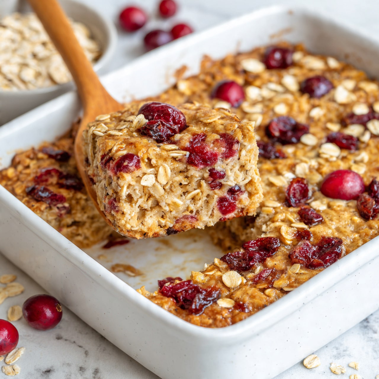 A white bowl sits on a white marbled surface filled with a soft oatmeal mixture topped with crumbled golden brown oat clusters and scattered bright red cranberry pieces, with milk partially visible soaking into the oats. A shiny golden spoon rests inside the bowl on the right side. To the left, there is a wooden bowl filled with whole red cranberries, and to the right, a glass bottle containing white milk is partially visible. Some rolled oats are lightly scattered on the surface near the bowl. photo taken with an iphone --ar 4:5 --v 7