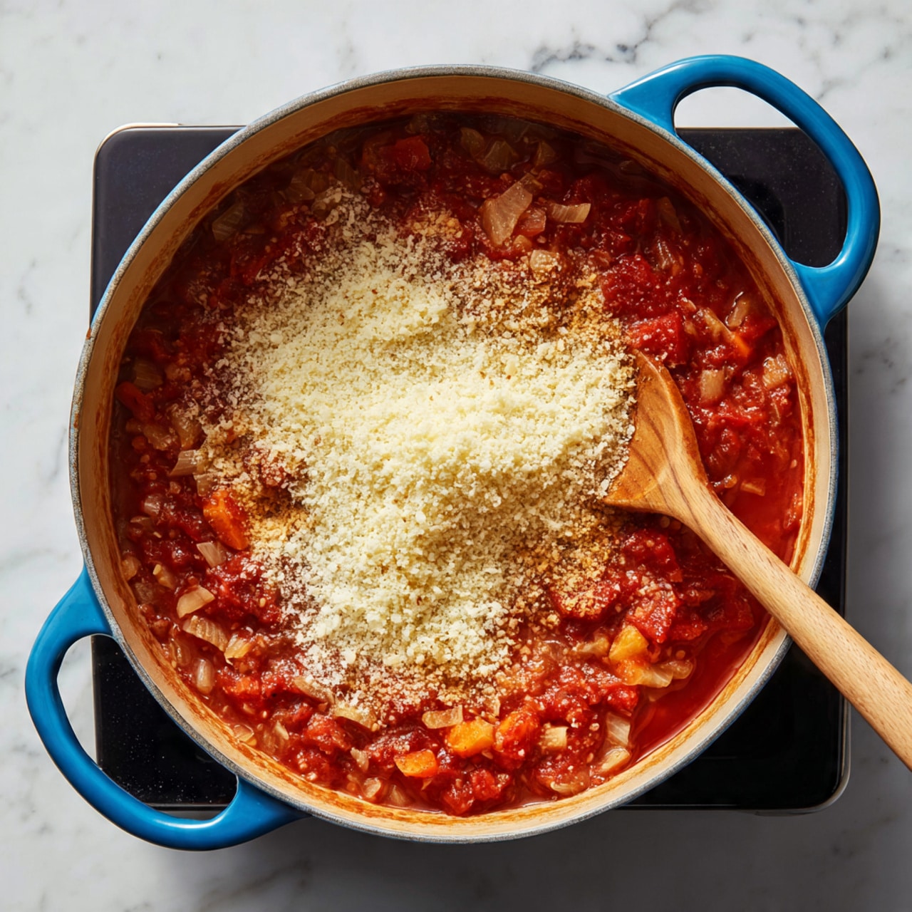 A large blue cast iron pot filled with a thick stew made of small pieces of orange carrots, light brown onions, and red tomatoes, all mixed in a rich red sauce. On top of the stew, there is a layer of light-colored grated cheese sprinkled unevenly in the center. A wooden spoon is resting inside the pot on the right side, partially covered by the stew. The pot is placed on a black stove, with a white marbled surface visible to the right. photo taken with an iphone --ar 4:5 --v 7