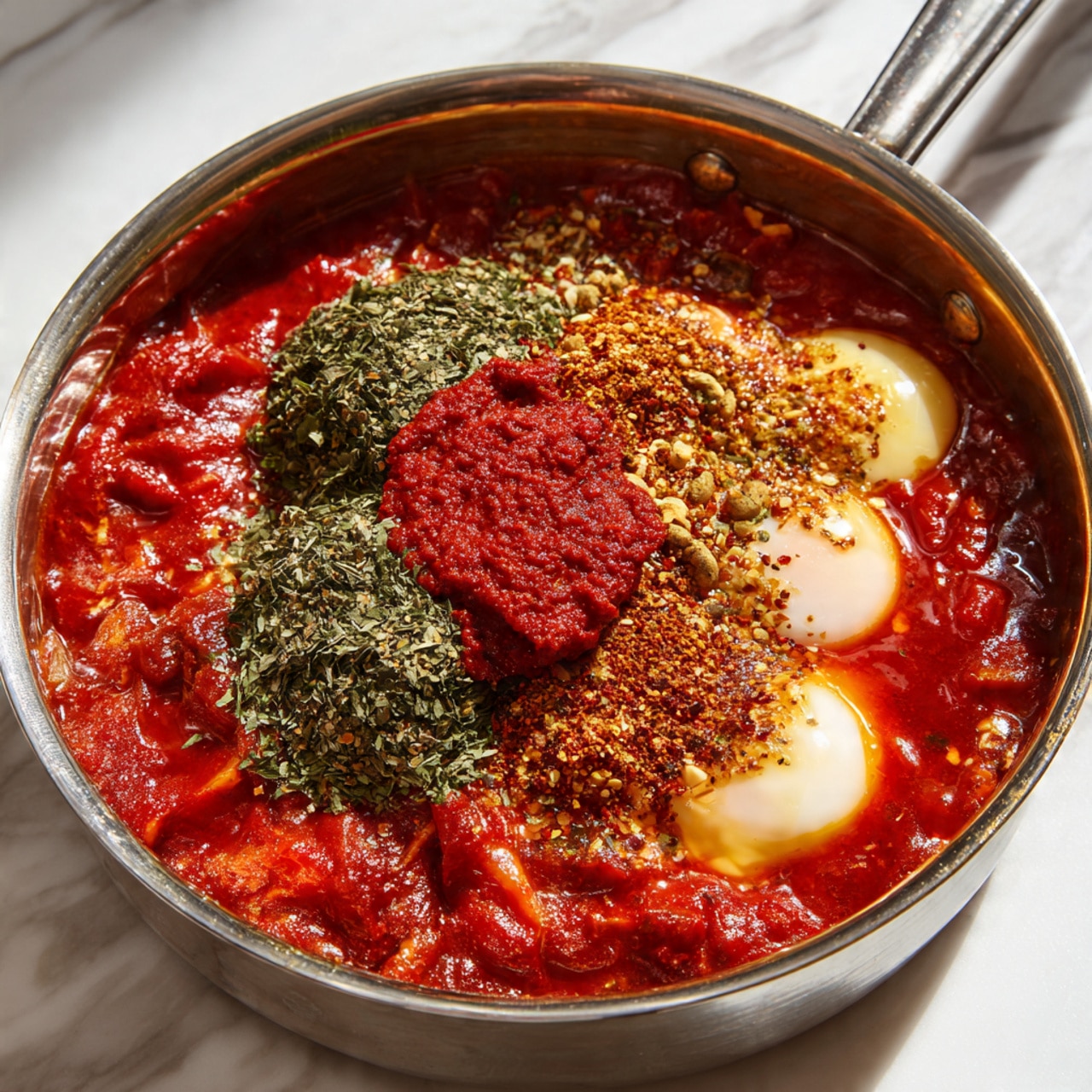 The image shows a silver metal saucepan filled with a red tomato-based sauce made up of several layers and ingredients. At the bottom and filling most of the pan is a chunky deep red tomato sauce. On top at the center, there is a bright red dollop of thick tomato paste. Just left of this, there are two whole eggs with pale creamy white and light yellow color partially submerged in the sauce. Above the eggs, there is a large pile of dried green herbs mixed with crushed red pepper flakes. The surface the pan is on is white with a soft marbled pattern. The lighting is bright and highlights the colors and textures of the sauce. photo taken with an iphone --ar 4:5 --v 7