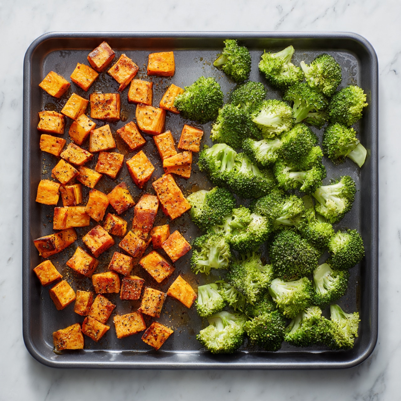 A dark gray baking tray is shown from above on a white marbled surface. On the left side of the tray, there are many small orange cubes of sweet potato with some darker seasoning on top, spread out evenly. On the right side of the tray, there are bright green broccoli florets, varying in size, also spread out but not touching the sweet potato pieces. The contrast between the warm orange and fresh green creates a clear division on the tray. Photo taken with an iphone --ar 4:5 --v 7
