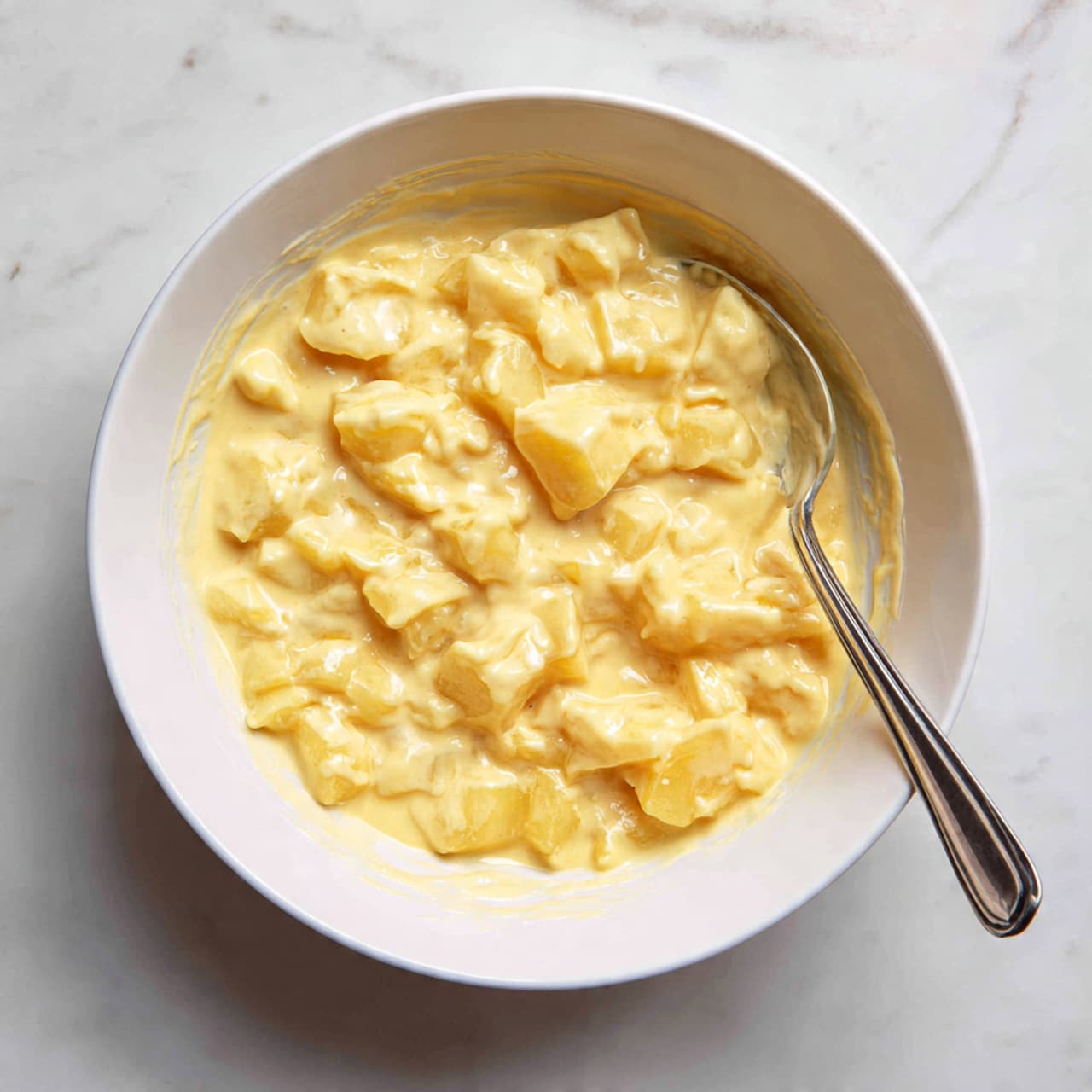 A white bowl filled with a creamy, thick yellow mixture containing small, uneven chunks of pale yellow potato pieces covered in the sauce. A silver spoon is resting inside the bowl on the right side, partially submerged in the mixture. The bowl sits on a white marbled surface with slight grey veins visible. The inside walls of the bowl have some streaks of the yellow sauce. Photo taken with an iphone --ar 4:5 --v 7