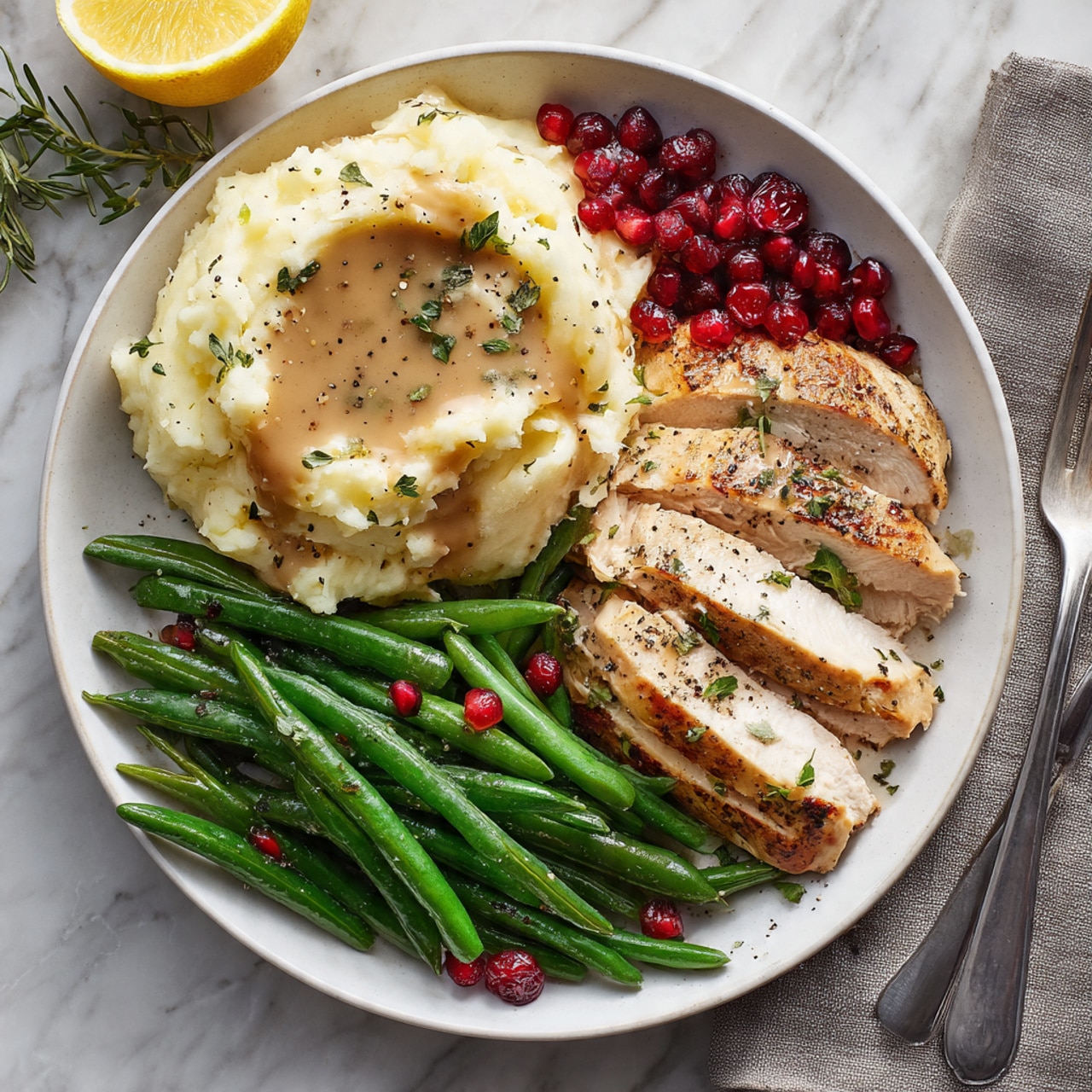 A white plate holds a meal with three main parts: on the left, a mound of creamy mashed potatoes topped with light brown gravy sprinkled with green herbs and black pepper; to the right of the potatoes, several green beans lined up neatly with small red pomegranate seeds scattered on top; above the green beans, sliced pieces of light golden grilled chicken with a small amount of pale brown gravy drizzled over them and sprinkled with green herbs and black pepper. The plate rests on a white marbled surface next to a knife and fork on a grey napkin, half a lemon, and green herbs. photo taken with an iphone --ar 4:5 --v 7