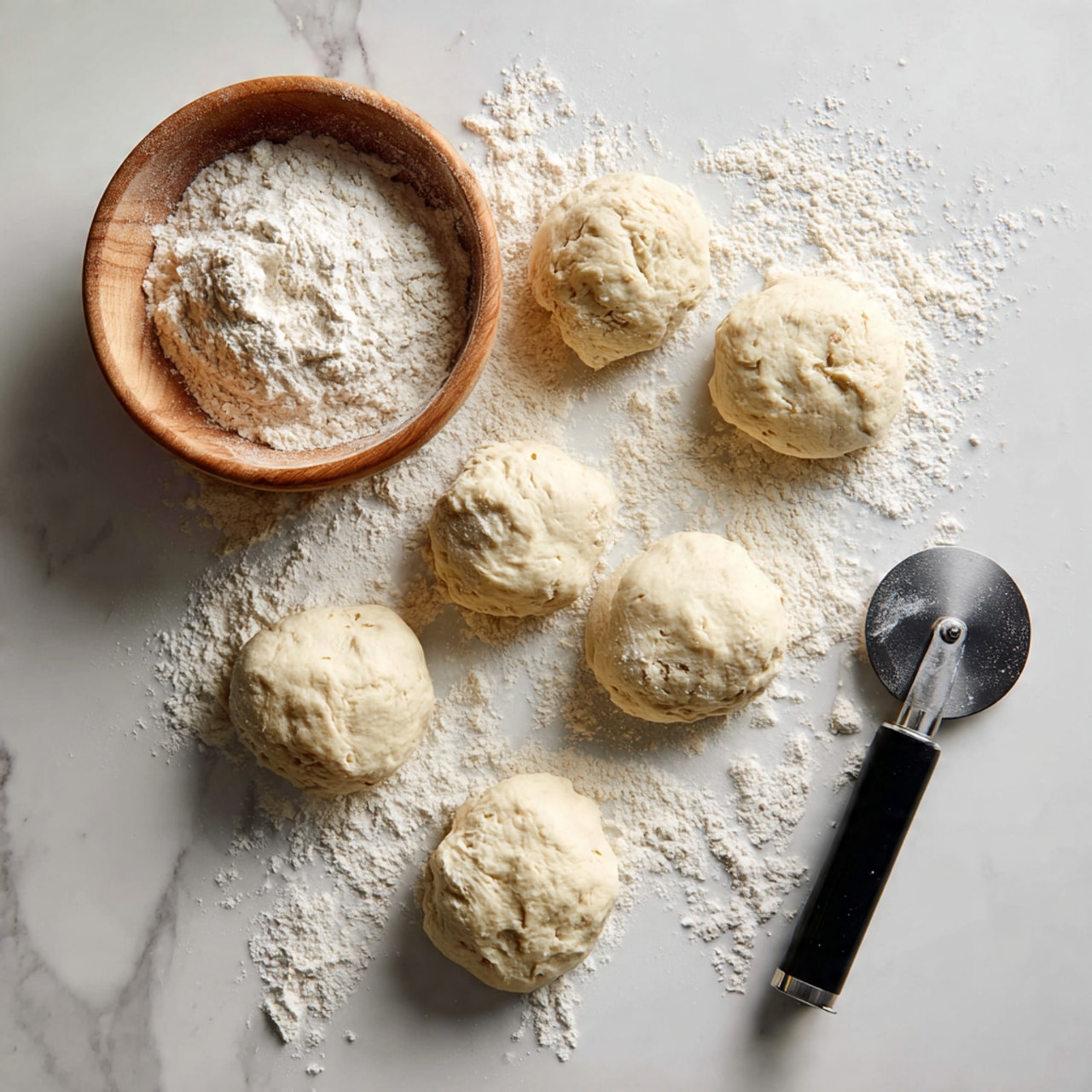 Six pieces of dough are placed randomly on a white marbled surface, each piece light beige and soft with a slightly uneven texture and powdery flour dusted on top and around them. To the left, a small wooden bowl filled with white flour is visible. On the right side near the dough pieces, there is a pizza cutter with a black handle and a shiny round metal blade resting on the surface. The top part of the image has a wooden texture contrasting with the white marbled surface below. photo taken with an iphone --ar 4:5 --v 7