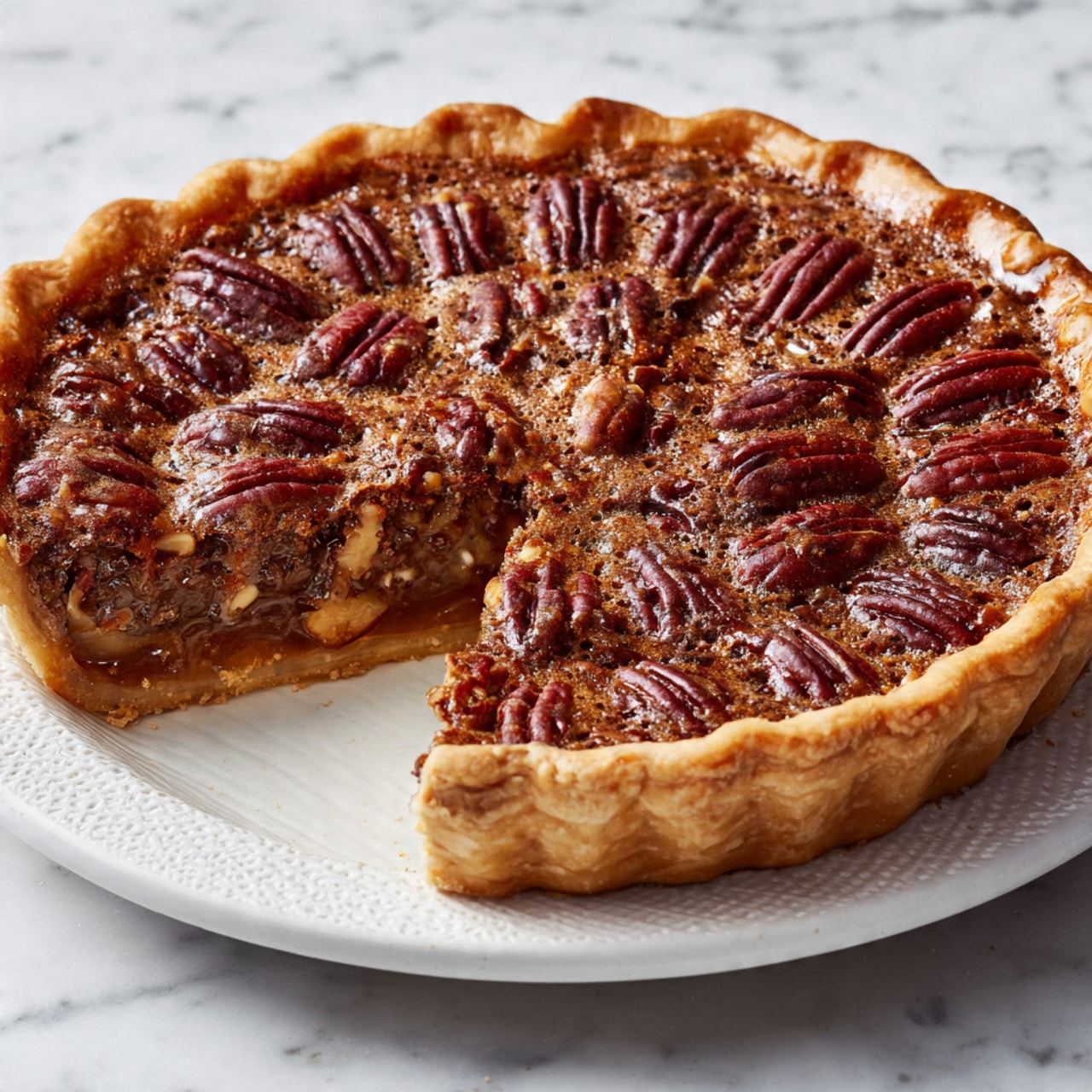 A pecan pie with a golden brown crust crimped around the edges holds a rich, glossy filling packed with whole, dark brown pecans arranged evenly on top. The filling beneath has a slightly shiny, caramel-like texture with a warm amber hue visible through cracks between the nuts. A single slice is removed and sits inside the pie, showing the thickness of the nutty filling and flaky crust. The pie rests on a white, textured plate placed on a white marbled surface. Photo taken with an iphone --ar 4:5 --v 7