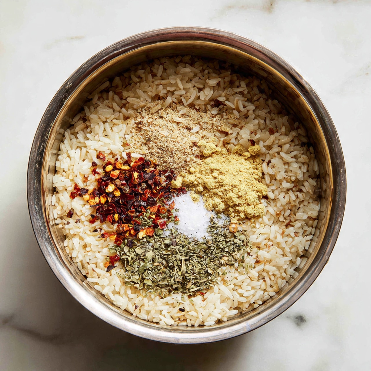 A silver pot filled with a layer of dry brown rice covering the bottom and sides. On top of the rice, there are small piles of four different spices arranged in a loose cluster near the center: light yellow powder, white granulated salt, crushed red pepper flakes with red and brown bits, and green dried herbs. The pot is set on a white marbled surface, seen from above. photo taken with an iphone --ar 4:5 --v 7