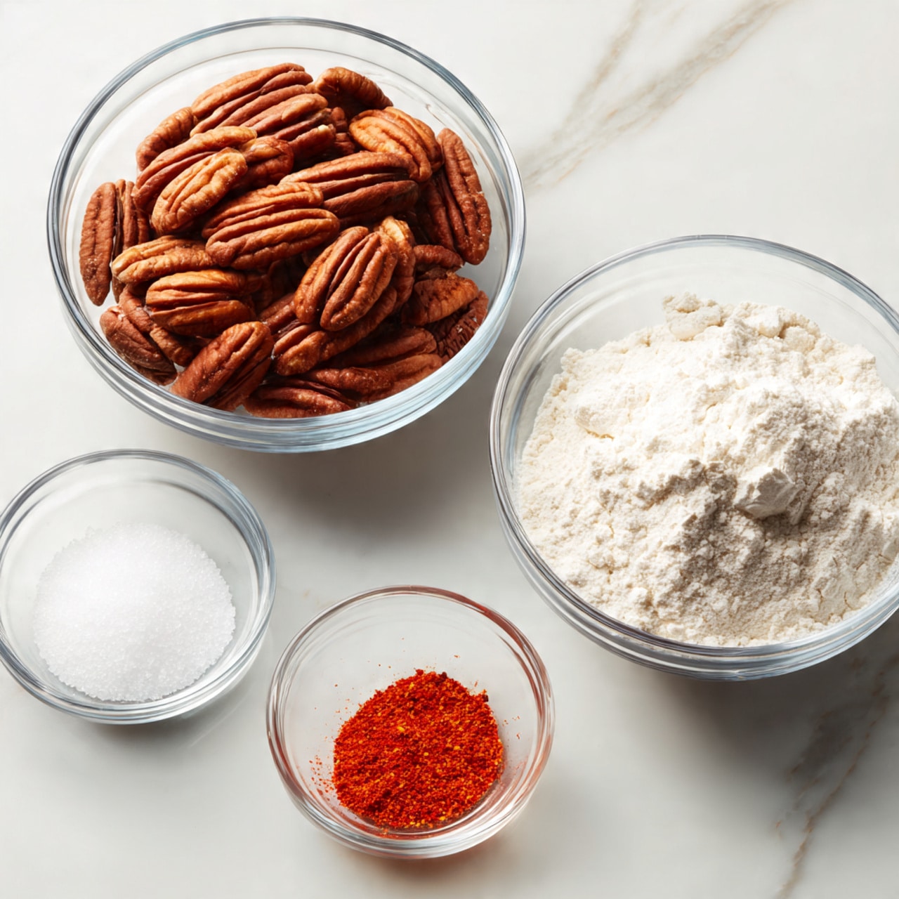 The image shows four clear glass bowls placed on a white marbled surface. The largest bowl, at the back left, is filled with a large pile of whole pecans, brown and textured. Next to it on the right is a medium-sized bowl filled with a white powdery substance, likely a type of flour or sugar. In front, there are two small bowls: one on the left containing white granulated salt, and the other on the right filled with a small amount of bright red spice. The arrangement is simple and clean with neutral colors, emphasizing the natural look of the ingredients. photo taken with an iphone --ar 4:5 --v 7