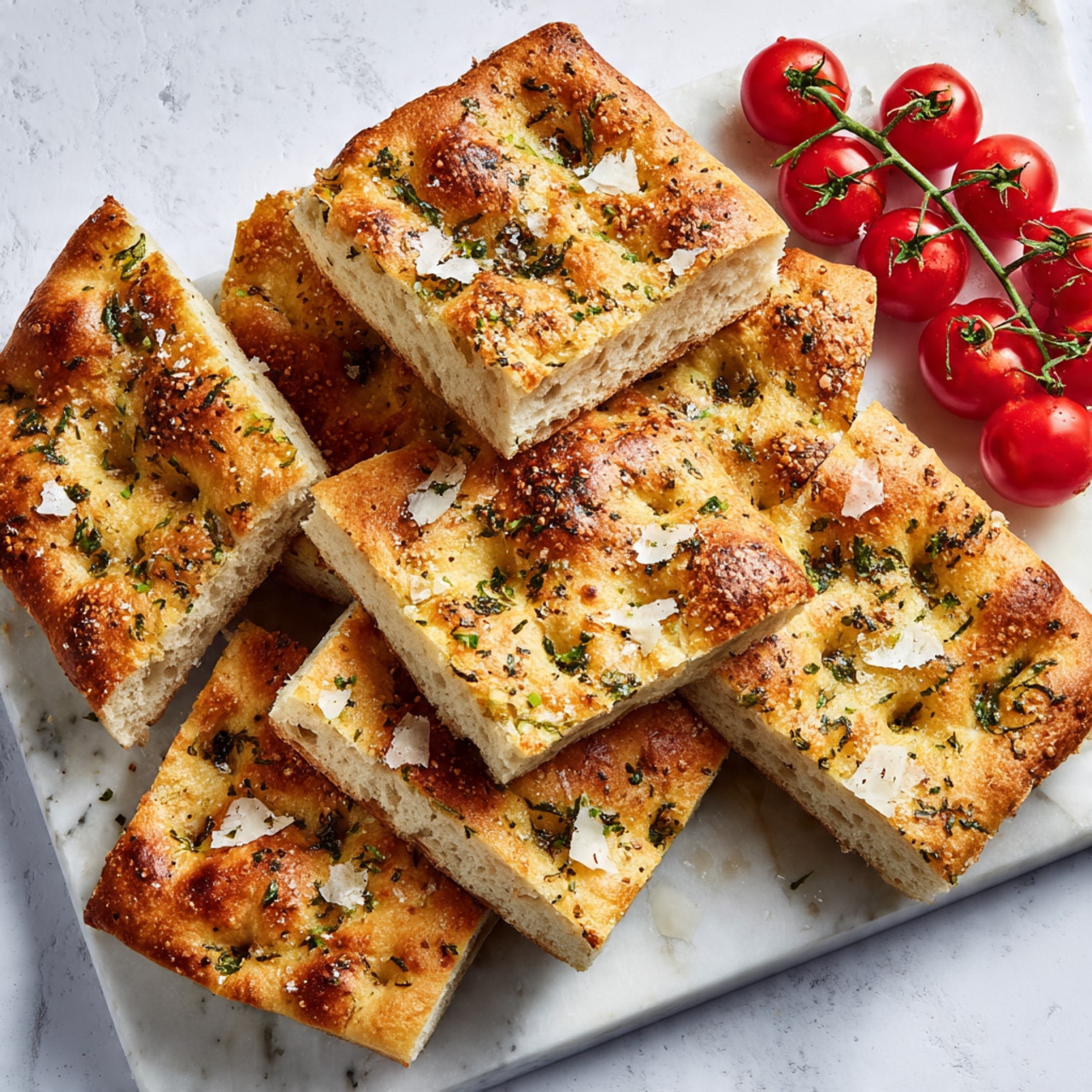 The image shows a stack of three slices of focaccia bread placed on a light wooden surface with a white marbled texture in the background. Each slice has a thick, airy texture with visible large bubbles inside the golden-brown crust. The top slice has some small green basil leaves and lightly browned roasted garlic pieces scattered on it. The middle and bottom slices also show bits of basil and a light shine of olive oil on the crust. In the blurred background, there is a cluster of red tomatoes. Photo taken with an iphone --ar 4:5 --v 7