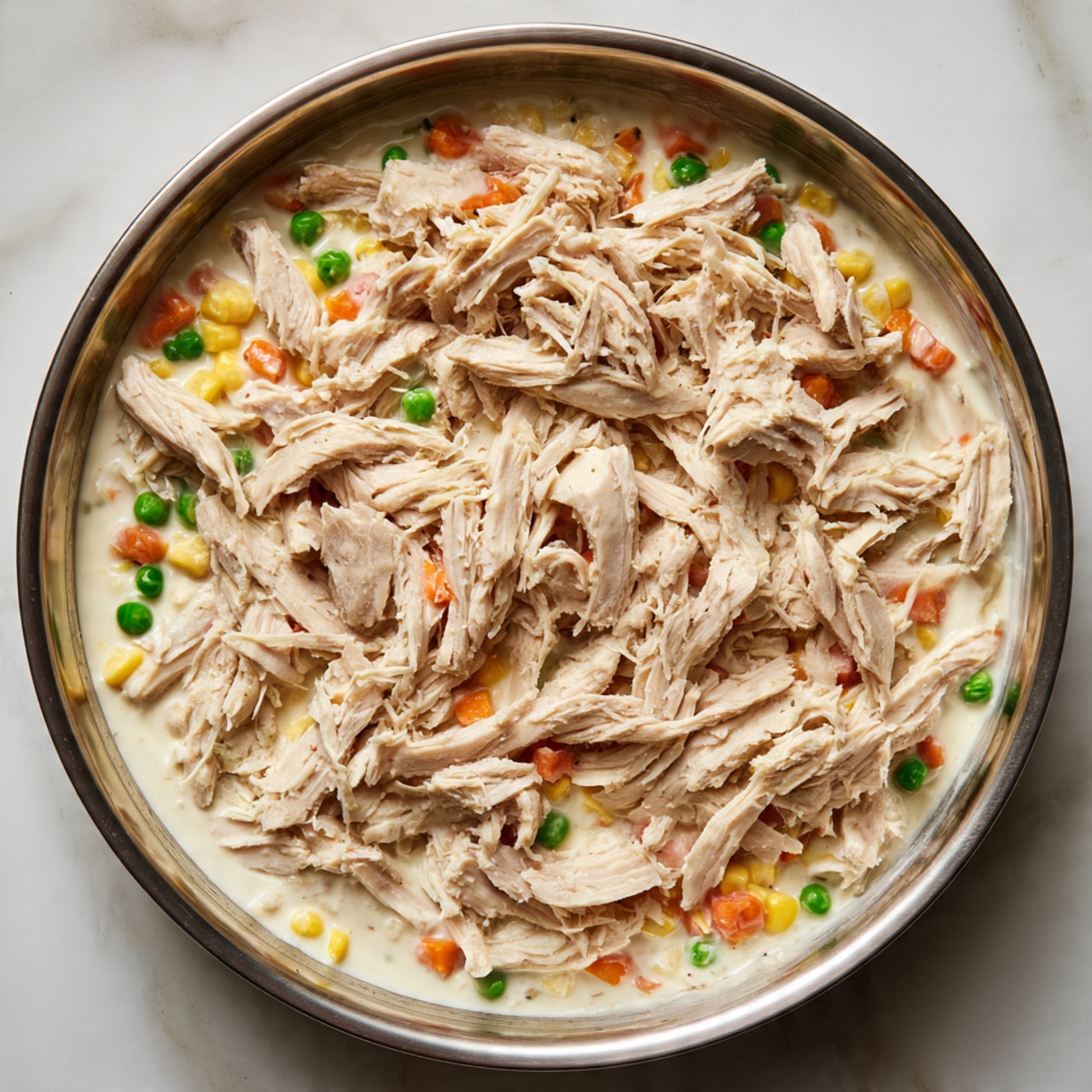 A shiny silver pan on a white marbled surface holds a dish with two main layers. The bottom layer is a creamy mix with small pieces of vegetables like green peas, orange carrots, and yellow corn, visible through the thick white sauce. On top of this is a generous pile of light brown shredded chicken, loosely scattered and covering most of the vegetable mix beneath. The overall texture looks soft and creamy with a dry, shredded top layer. Photo taken with an iphone --ar 4:5 --v 7