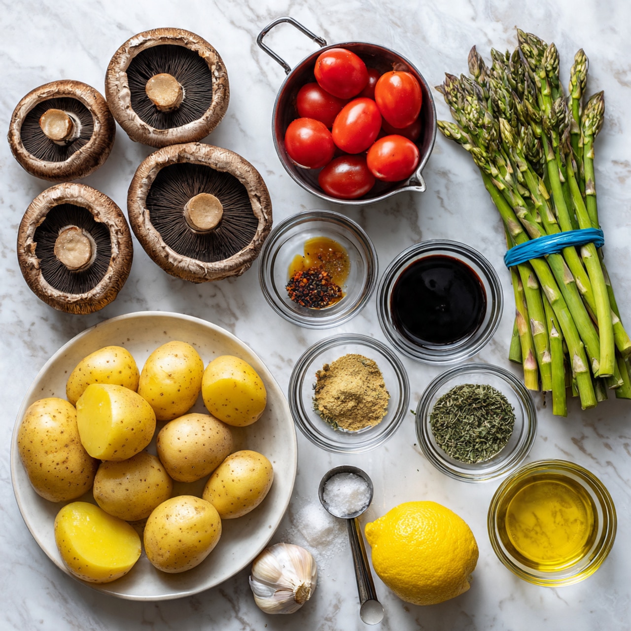 The image shows cooking ingredients arranged neatly on a white marbled surface. On the left, there are four large mushrooms, two showing their dark brown gills, and a pile of yellow halved small potatoes on a small bag. Above the potatoes is a small metal measuring cup with red grape tomatoes. On the right side, there is a bunch of green asparagus tied with a blue rubber band and a lemon half below it. Several small clear glass bowls hold different ingredients: two dark soy sauces in the top two bowls, minced garlic in the center, a mix of dried herbs and spices in two bowls below the soy sauces, and oil in the bottom-right bowl. A clear glass bowl containing salt, pepper, and garlic powder is near the potatoes. The setup is clean and bright with a focus on fresh and raw ingredients photo taken with an iphone --ar 4:5 --v 7