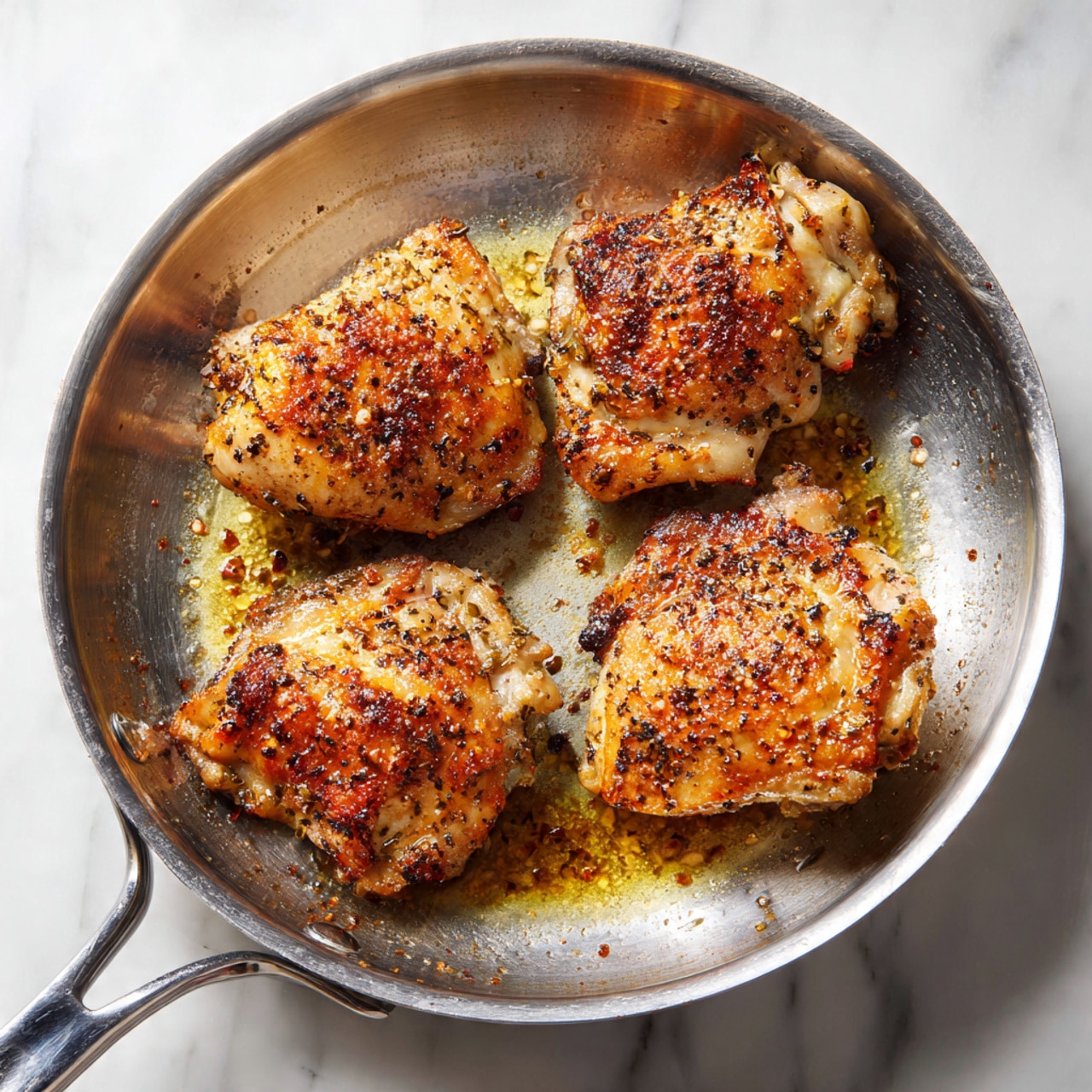 A silver metal pan holds four pieces of cooked chicken thighs placed loosely, two on the top near the edge, and two on the bottom, exposing browned and golden textured crispy skin with some light searing marks. The pan shows some oil and browned bits on its surface under and around the chicken. The pan handle extends out to the lower left side, all placed on a white marbled surface. photo taken with an iphone --ar 4:5 --v 7