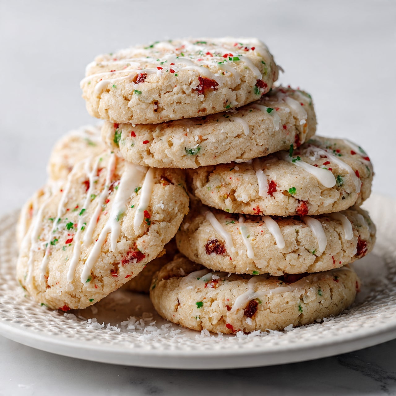 A stack of round cookies on a white plate with a detailed pattern is shown. Each cookie has a light beige color with visible bits of red and green mixed inside, creating a speckled look. The cookies have a rough texture with small cracks and are topped with thin, even lines of white icing drizzled across them. There are also small white flakes of shredded coconut scattered on top, adding a snowy effect. The cookies are piled naturally, some overlapping, against a white marbled background photo taken with an iphone --ar 4:5 --v 7