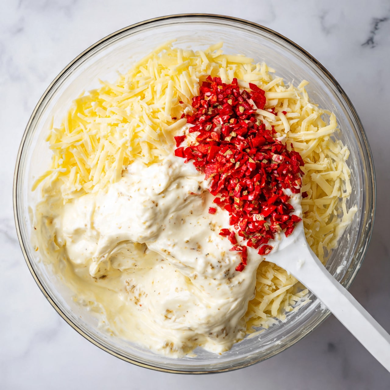 A clear glass bowl on a white marbled surface holds three visible layers of ingredients: shredded yellow cheese at the bottom, thick white creamy ingredient with some light brown specks in the middle, and small bright red diced pieces on one side. A white spatula is resting inside the bowl at the right side, partly covered by the creamy layer. The textures show the softness of the cream, the shredded firmness of the cheese, and the small chopped texture of the red pieces. photo taken with an iphone --ar 4:5 --v 7