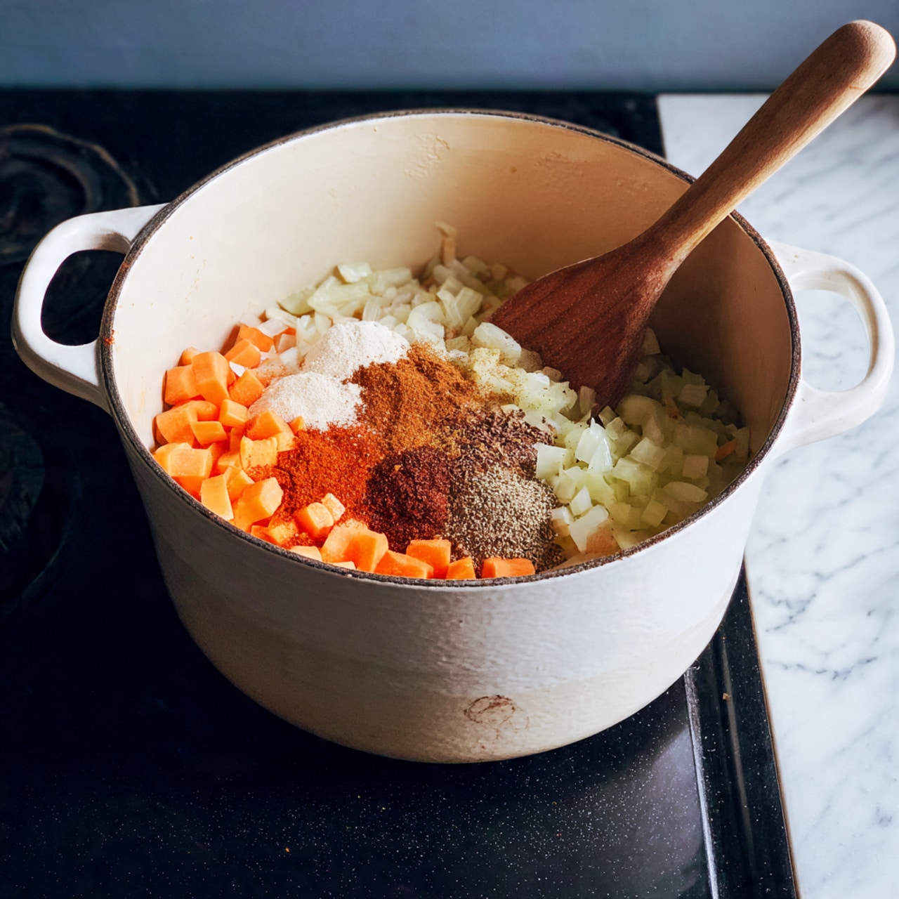 A white pot is on a black stove with a white marbled surface next to it. Inside the pot, there are three layers: the bottom layer is diced orange carrots, the middle layer is small yellow onion pieces, and the top layer is sprinkled powders of red and brown spices. A light-colored wooden spoon rests inside the pot, leaning on its edge. The background is simple and focused on the cooking pot. photo taken with an iphone --ar 4:5 --v 7