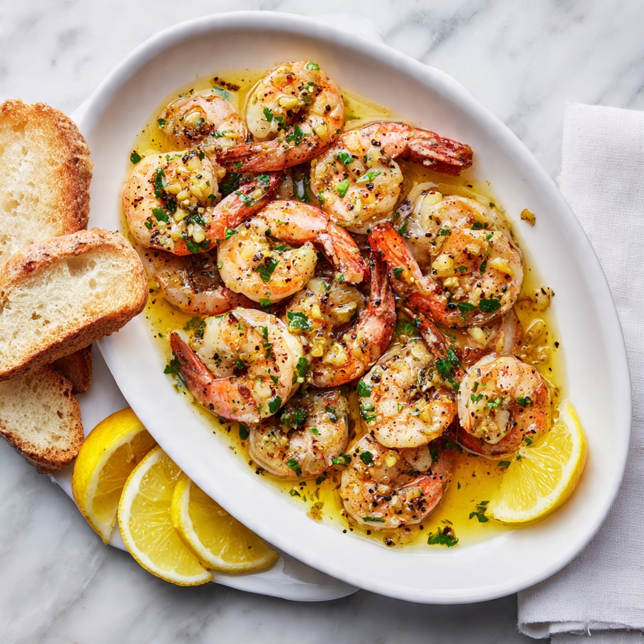A white oval bowl filled with one layer of cooked shrimp, each shrimp pink and slightly curled with some speckled black pepper and small pieces of green herbs on top, all soaking in a thin golden garlic butter sauce. The shrimp layer shows a few chopped garlic bits scattered throughout. The bowl sits on a white marbled surface with torn light beige bread pieces and bright yellow lemon wedges placed around it. Photo taken with an iphone --ar 4:5 --v 7