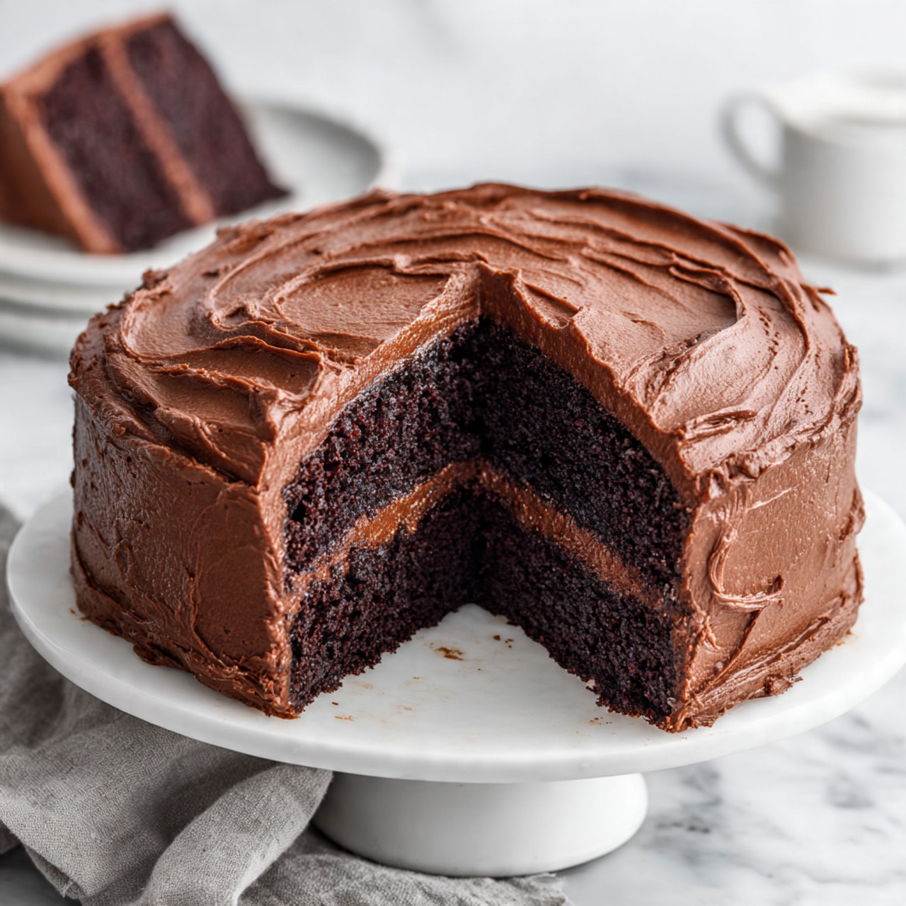 A round chocolate cake with thick, smooth, dark brown frosting covers the entire cake, including the top and sides, with visible swirled patterns made by a spatula. The cake sits on a white pedestal cake stand placed on a light purple cloth over a white marbled surface. The background is softly blurred with a hint of white, making the rich chocolate frosting the main focus. photo taken with an iphone --ar 4:5 --v 7