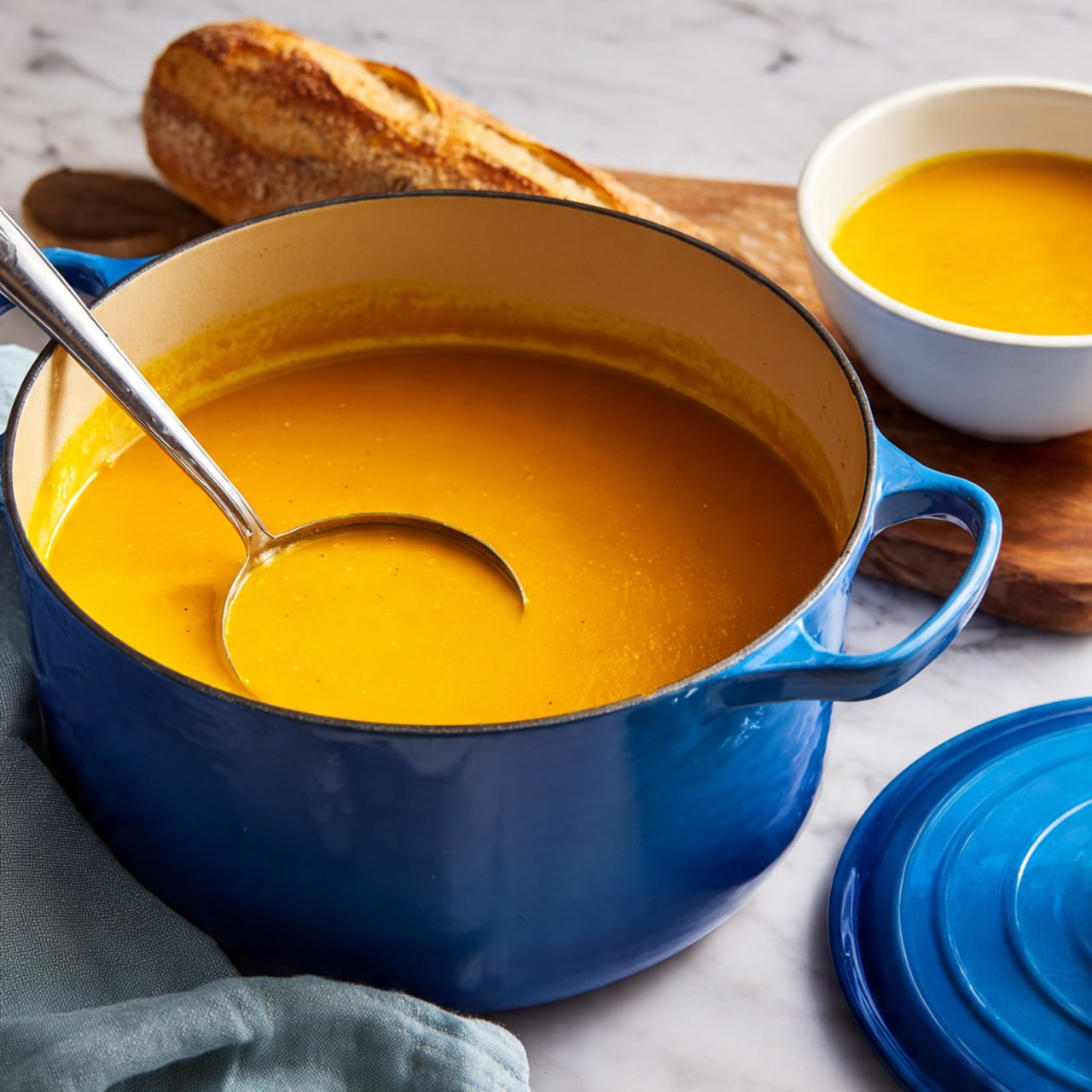 A large light blue pot sits on a stove with black grates, filled with a thick orange soup. The soup has a swirl of cream creating white and light tan patterns on the surface, along with a patch of dark brown spice powder. A wooden spoon stands upright in the pot, resting inside the soup, and the stove is next to a white marbled countertop. photo taken with an iphone --ar 4:5 --v 7