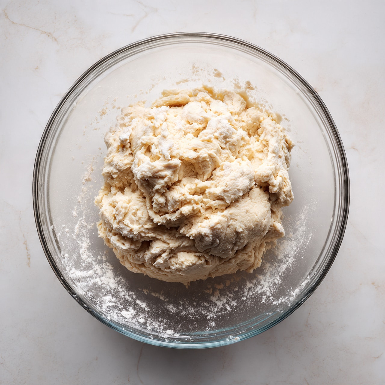 A transparent glass bowl sits on a white marbled surface, holding a single large mound of sticky dough. The dough is light beige with uneven, rough texture, showing some patches of flour dusted around the edges inside the bowl. The glass bowl is clear and round, revealing the dough’s fluffy and slightly wet appearance. The scene is simple with soft natural light highlighting the dough’s texture. Photo taken with an iphone --ar 4:5 --v 7