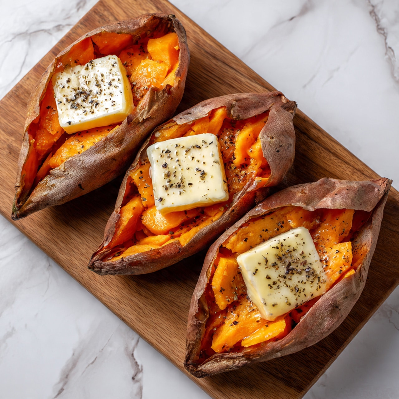 The image shows three baked sweet potatoes arranged side by side on a wooden board, which sits on a white marbled surface. Each potato is split open lengthwise, revealing soft, bright orange flesh inside. On top of the orange flesh of each potato, there is a square of melted butter sprinkled with black pepper. The potato skins are brown and slightly wrinkled, showing natural texture and small blemishes. Photo taken with an iphone --ar 4:5 --v 7