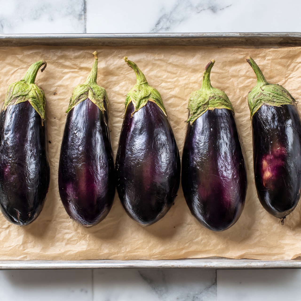 The image shows five roasted eggplants lying side by side on a sheet of brown parchment paper on a silver tray. Each eggplant has a dark, wrinkled and shiny purple-black skin with a greenish top. The tray sits on a white marbled surface with white tiled bricks as a background. The eggplants are arranged in a neat line, slightly spaced from each other. photo taken with an iphone --ar 4:5 --v 7