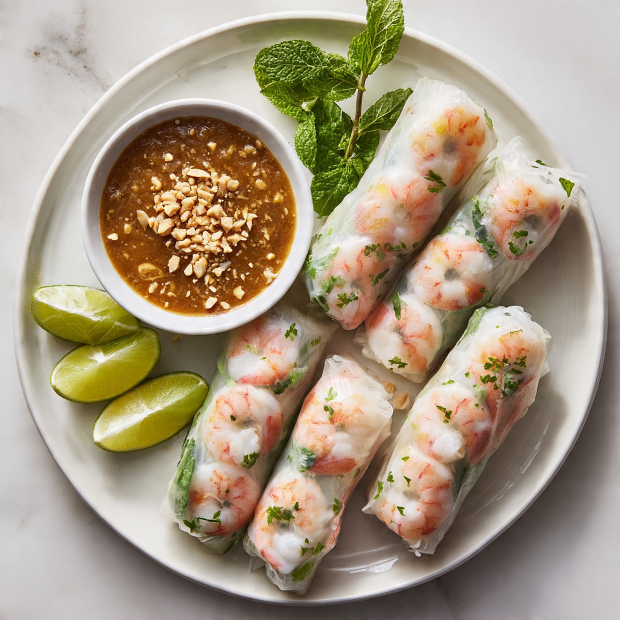 A white plate holds six fresh spring rolls arranged in two rows. Each spring roll is wrapped in translucent rice paper, showing layers of pink shrimp and green herbs like cilantro and mint leaves inside, making a mix of soft whites, pinks, and greens. On the left side of the plate is a small white bowl filled with thick, brown peanut dipping sauce with bits of crushed peanuts sprinkled on top. Two lime wedges and a small bunch of fresh mint leaves sit next to the dipping bowl. The plate is set on a white marbled surface, with parts of other white plates holding spring rolls visible at the corners. photo taken with an iphone --ar 4:5 --v 7