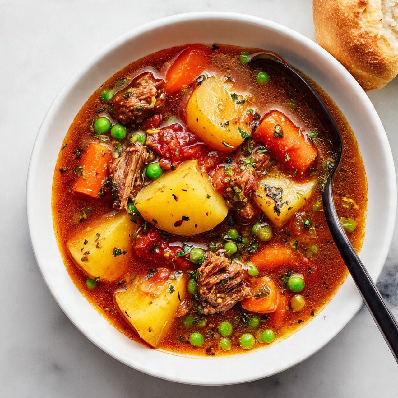 A white bowl filled with chunky stew sits on a white marbled surface. The stew has several layers of ingredients: large pale yellow potato pieces, small bright orange carrot chunks, green peas, and brown ground meat mixed with bits of onion and herbs. The broth is light brown and slightly thick. A metal spoon holds a scoop showing these layers clearly, with potato, carrot, meat, and peas visible. In the background, a round bread roll rests softly out of focus. Photo taken with an iphone --ar 4:5 --v 7