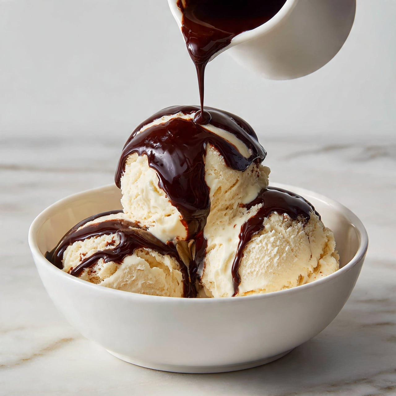 A white bowl holds three scoops of creamy, white ice cream with dark cookie pieces mixed inside. Two whole dark chocolate sandwich cookies sit on the left side of the scoops. A woman's hand is pouring a thick, dark brown sauce from a small clear jar down onto the ice cream, making a glossy drizzle. In the blurred background, there's a metal baking pan filled with more ice cream topped with cookie pieces, all placed on a surface with a white marbled texture. photo taken with an iphone --ar 4:5 --v 7