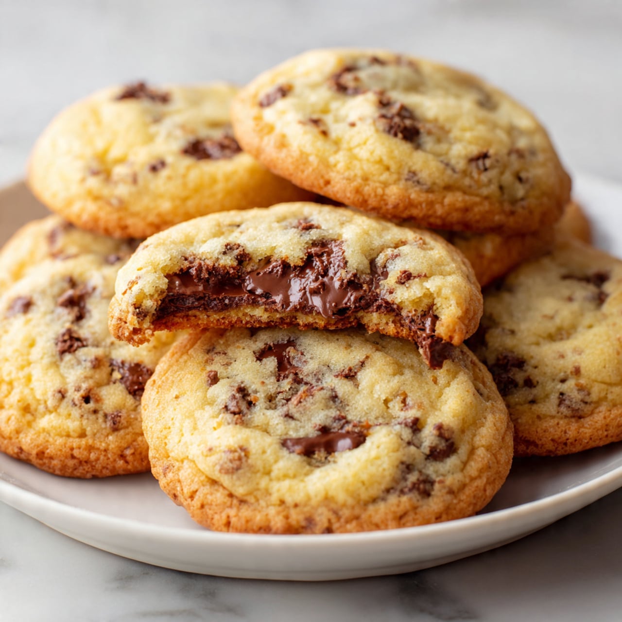 The image shows several round cookies with a light golden-brown color and uneven chocolate chunks inside them, placed in rows on a dark metal cooling rack. The rack is sitting on a white marbled surface, and the cookies appear soft with slight cracks on top. The cookies are spaced evenly, and the background shows more cookies blurred in the distance. photo taken with an iphone --ar 4:5 --v 7