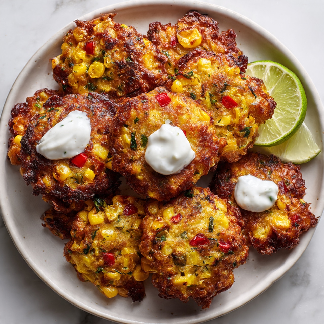 A stack of three thick patties made from corn and red bell peppers sits on a white plate set on a white marbled surface. Each patty is golden brown with charred marks and visible yellow corn kernels and small green herb pieces throughout, giving a textured, chunky look. The top patty is topped with a dollop of smooth, white sauce that contrasts with the warm colors of the patties. A wedge of lime and a few scattered green herbs rest near the base of the plate, with a blurred water glass and soft beige background behind. Photo taken with an iphone --ar 4:5 --v 7