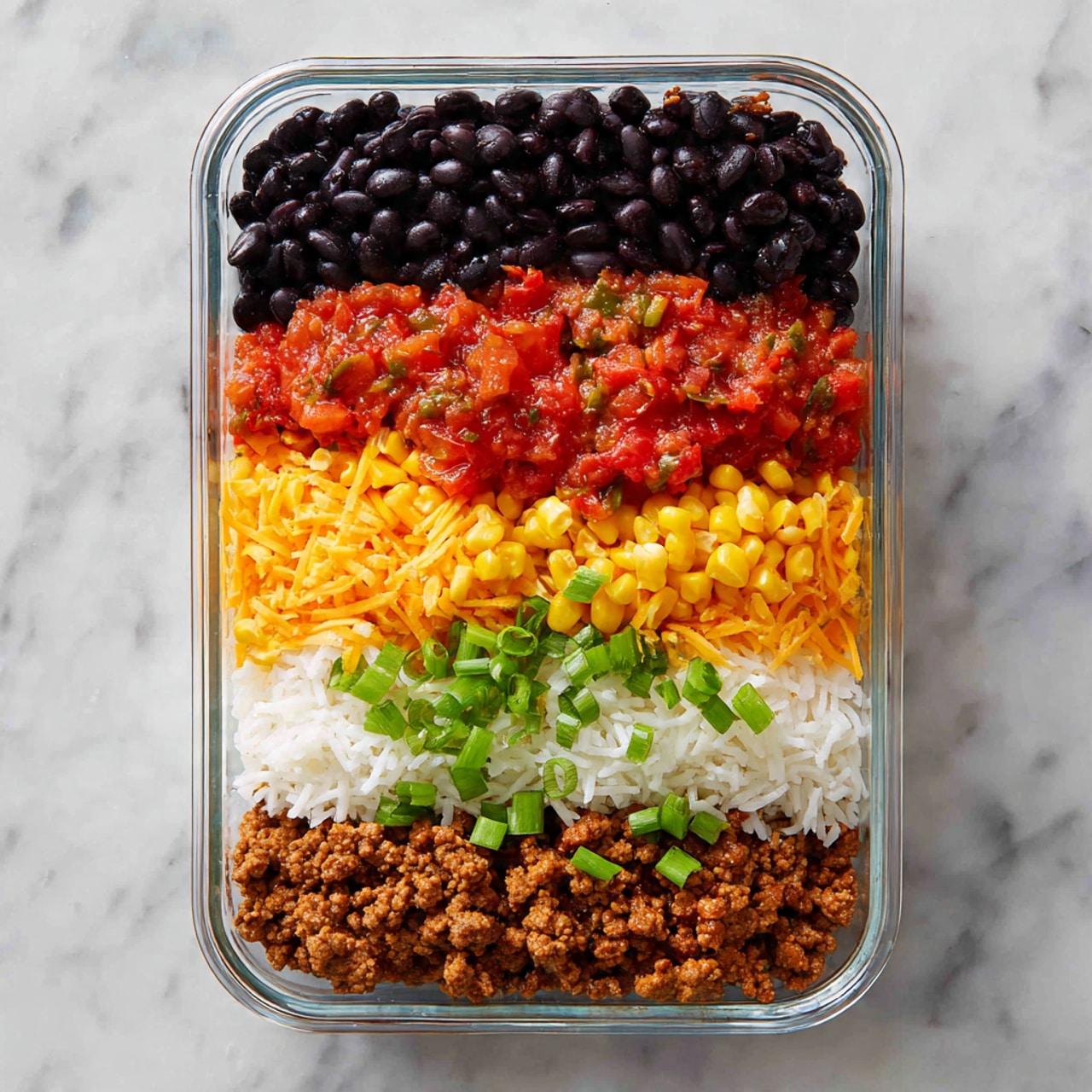 A rectangular glass container holds five neat horizontal layers of food from top to bottom: the first layer is dark black beans, followed by a layer of chunky red salsa. Below the salsa sits bright yellow corn kernels, then a layer of cooked brown ground beef, and at the bottom is a bed of white rice topped with shredded orange cheddar cheese. Small slices of green onions are scattered on top of all layers. The container sits on a white marbled surface. Photo taken with an iphone --ar 4:5 --v 7