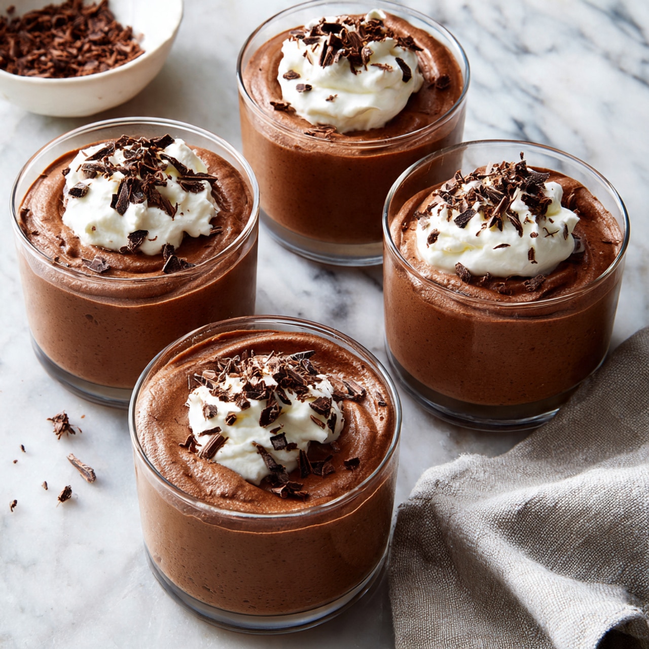 The image shows four clear glass cups each filled with a smooth, rich brown chocolate mousse that has a slightly swirled texture on top. Each cup has a dollop of white whipped cream placed in the center, decorated with small, dark brown chocolate shavings scattered on the cream and around the mousse surface. The cups are arranged on a white marbled surface, with a white bowl filled with extra chocolate shavings visible in the upper left corner. A light gray cloth is loosely placed in the lower right corner, adding a soft texture to the scene. Photo taken with an iphone --ar 4:5 --v 7