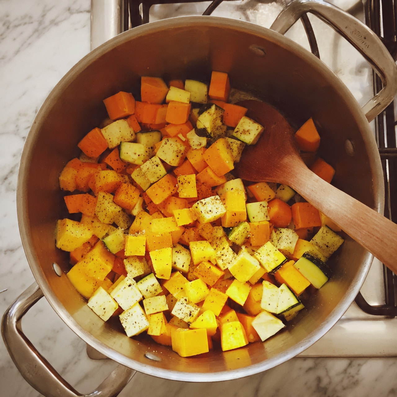 A large steel pot filled with many small cubes of orange and yellow squash, some sprinkled with black pepper and other spices. A wooden spoon lays inside the pot, partly covered by the squash cubes. The pot is placed on a stove with a white marbled surface below it. photo taken with an iphone --ar 4:5 --v 7