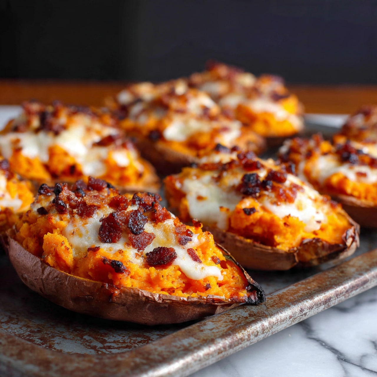 The image shows a close-up of a baked sweet potato cut in half with three visible layers: the dark brown crispy outer skin forming a boat shape, the bright orange mashed sweet potato filling inside with a soft and slightly chunky texture, and melted white cheese drizzled on top with golden brown crispy bacon bits scattered over the cheese. The sweet potato sits on a textured surface with some greasy spots and crumbs around it. The background is softly blurred with hints of other sweet potatoes. photo taken with an iphone --ar 4:5 --v 7