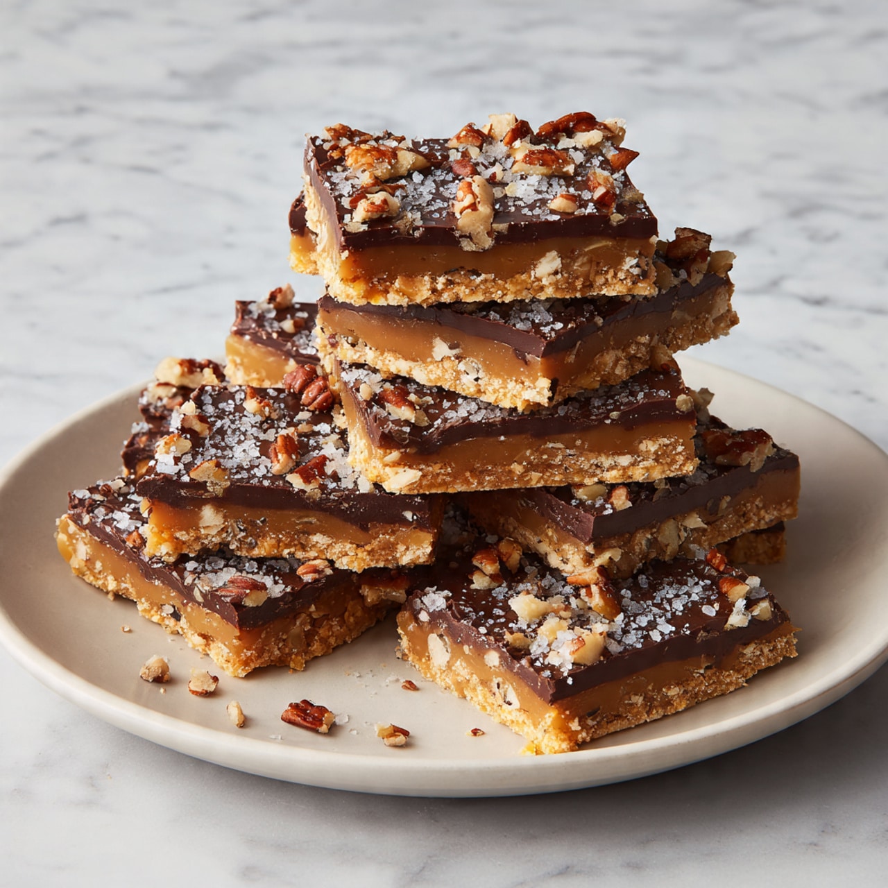 A rectangular tray lined with silver foil holds a layered sweet treat. The bottom layer is a golden crunchy base with a rough texture. On top of that is a smooth, shiny dark chocolate layer fully covering the base. Scattered generously over the chocolate are uneven pieces of brown pecans, adding a rough and chunky texture. The treat is being cut into squares with a large knife held by a woman's hand visible on the left side, pressing down through the layers. The entire scene is set on a white marbled surface. photo taken with an iphone --ar 4:5 --v 7