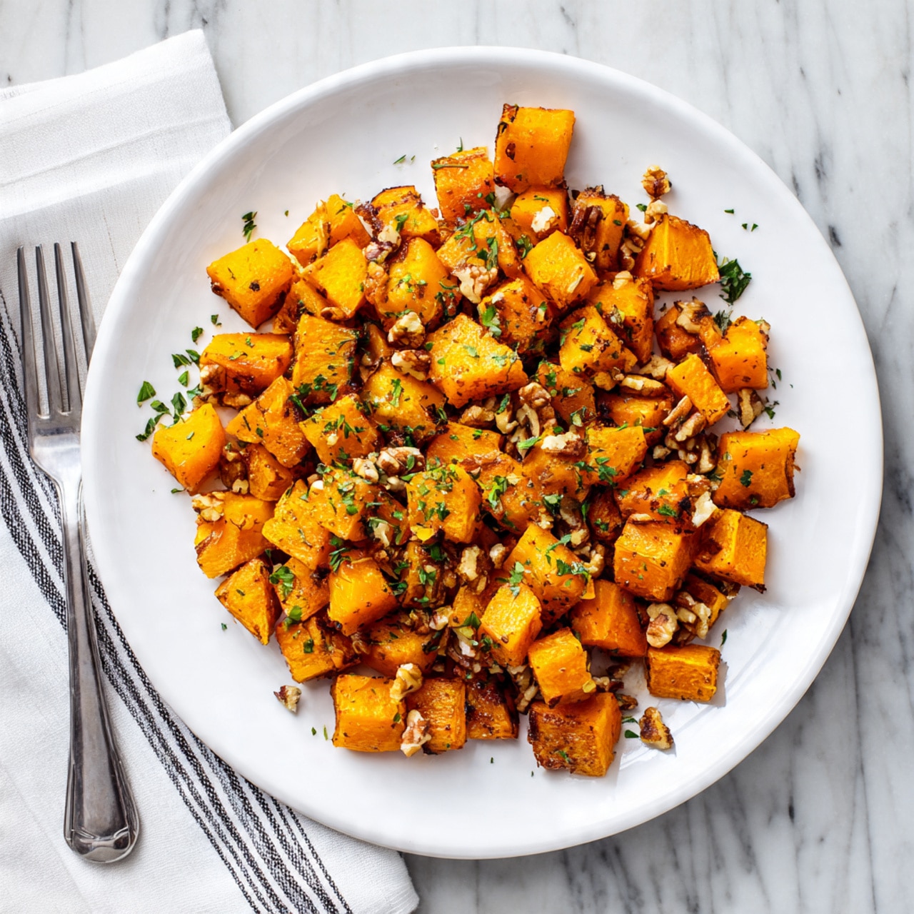 A white round plate filled with about two layers of roasted cubed butternut squash, each cube showing a golden to deep orange color with some browned edges. Mixed in are small pieces of toasted nuts, likely pecans, adding a crunchy texture contrast. The squash pieces are seasoned with visible finely chopped green herbs sprinkled evenly on top. The plate rests on a white marbled surface, and there is a silver fork and a striped white and black cloth napkin in the bottom left corner. Photo taken with an iphone --ar 4:5 --v 7