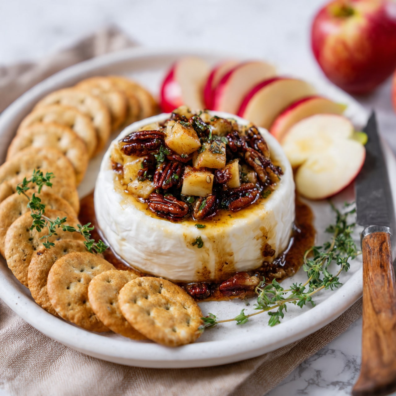 A white round bowl filled with melted creamy white cheese on the bottom layer, topped with small golden-yellow cooked apple pieces and scattered dark brown pecans on top, sits at the center of a large white plate. Surrounding the bowl are neatly arranged slices of red apple and various crackers in light and golden brown shades, evenly spaced all around. A wooden-handled knife rests on one side of the plate touching the cheese bowl. The whole setup is on a white marbled surface with sprigs of green herbs tastefully placed around. Photo taken with an iphone --ar 4:5 --v 7