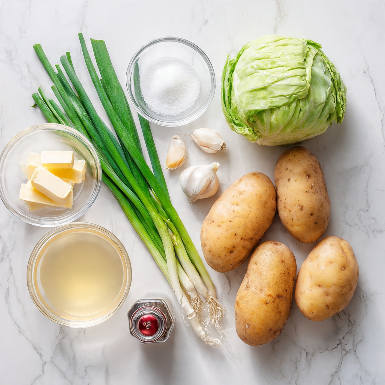 The image shows raw ingredients arranged neatly on a white marbled surface. There are four light brown potatoes placed towards the right side, with one halved green cabbage above them. To the left of the potatoes, a small stick of butter and two garlic cloves lie near a bunch of green onions with long green stalks and white tips. Next to these are a clear glass bowl filled with white salt, a clear bowl with light yellow broth, and a small white bowl containing cream. A small glass pepper grinder with a red top is also placed near the potatoes. The colors mainly include light brown, green, white, and soft yellow, all laid out clearly and orderly. photo taken with an iphone --ar 4:5 --v 7