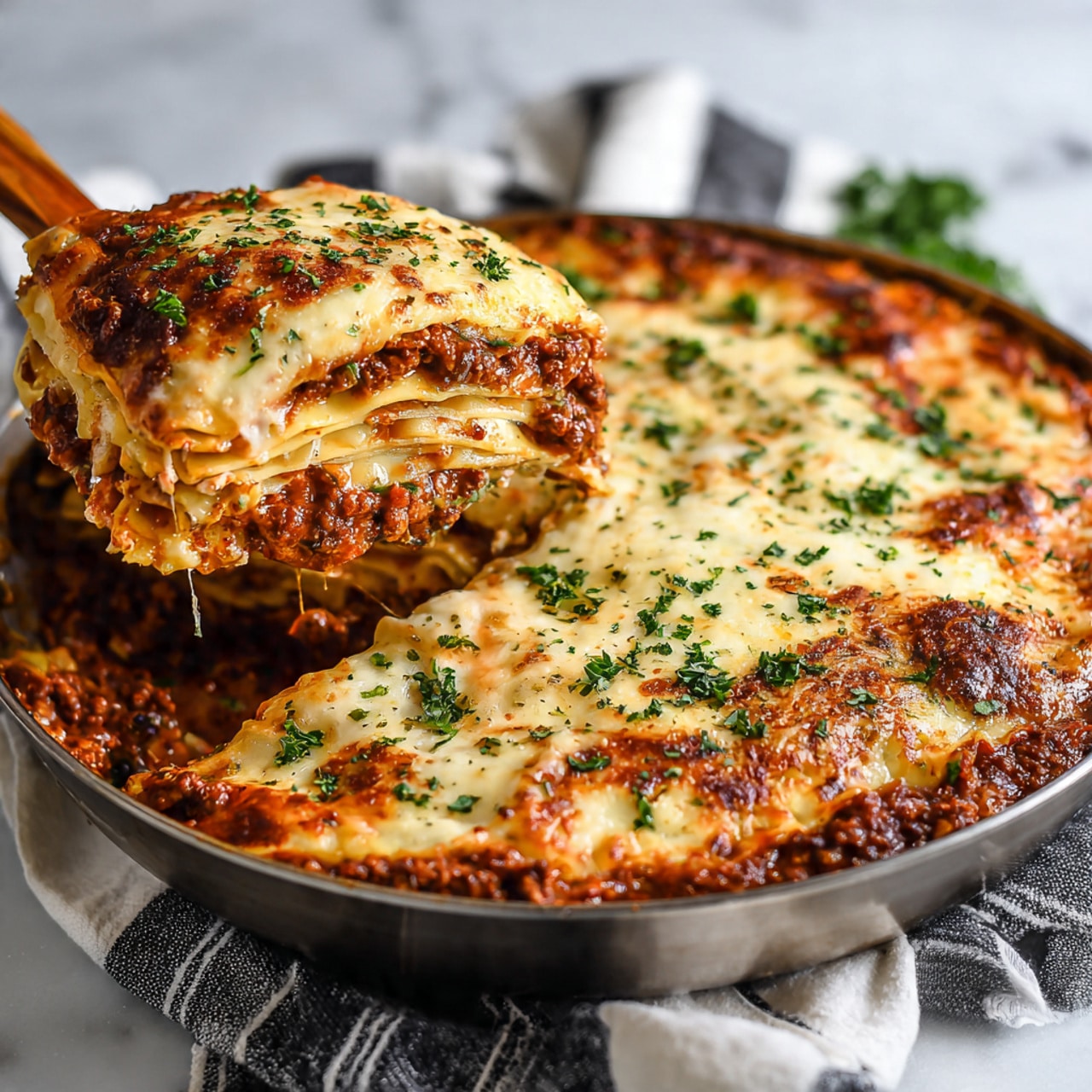 A round pan filled with a baked dish that has a thick red tomato sauce base with some visible chunks of meat. On top, there is a layer of melted white cheese with golden brown spots, melted unevenly across the surface, with some parts showing the sauce underneath. The cheese looks soft and stringy, mixed with small bits of green herbs sprinkled evenly across the top. The pan sits on a white marbled surface with a black and white striped cloth partially under it. Fresh green parsley leaves lie beside the pan. Photo taken with an iphone --ar 4:5 --v 7