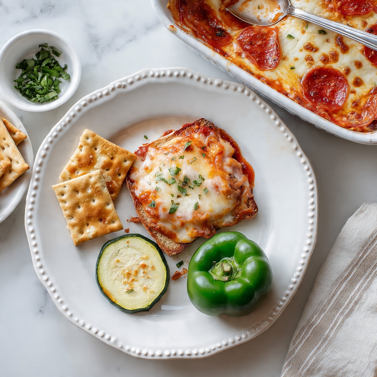 The image shows a white ornate plate with a small toast topped with melted white and orange cheese and tomato sauce near the center. To the left side of the toast, there are two square crackers, one of which has a little bit of the same cheese and sauce on it. Below the toast, a round slice of light green zucchini sits partially on a cracker. To the right of the zucchini, a large shiny green bell pepper piece is placed. Above the plate, a woman's hand holds a spoon inside a white baking dish filled with a baked dish that has melted white cheese and pepperoni with some green herbs on top. To the left, a small white bowl contains chopped green herbs. The whole setup is on a white marbled surface with a light beige striped cloth visible at the bottom right corner. Photo taken with an iphone --ar 4:5 --v 7