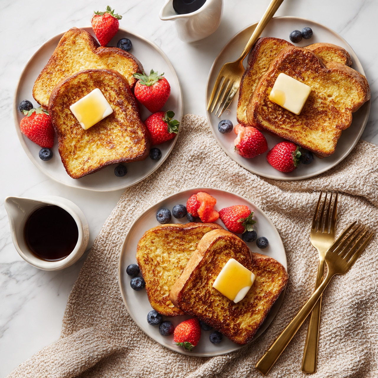 The image shows three white plates with two slices of toasted golden brown French toast on each plate. Each plate has a small square of yellow butter melting on one slice. Bright red strawberries, some sliced and some whole, and round blue blueberries are placed next to and on top of the toast. A small white pitcher filled with dark maple syrup sits near the top center of the image. Two gold forks are positioned near two of the plates, resting on a white marbled surface covered slightly by a textured beige cloth. The overall look is warm and inviting with a light and clean background. Photo taken with an iphone --ar 4:5 --v 7