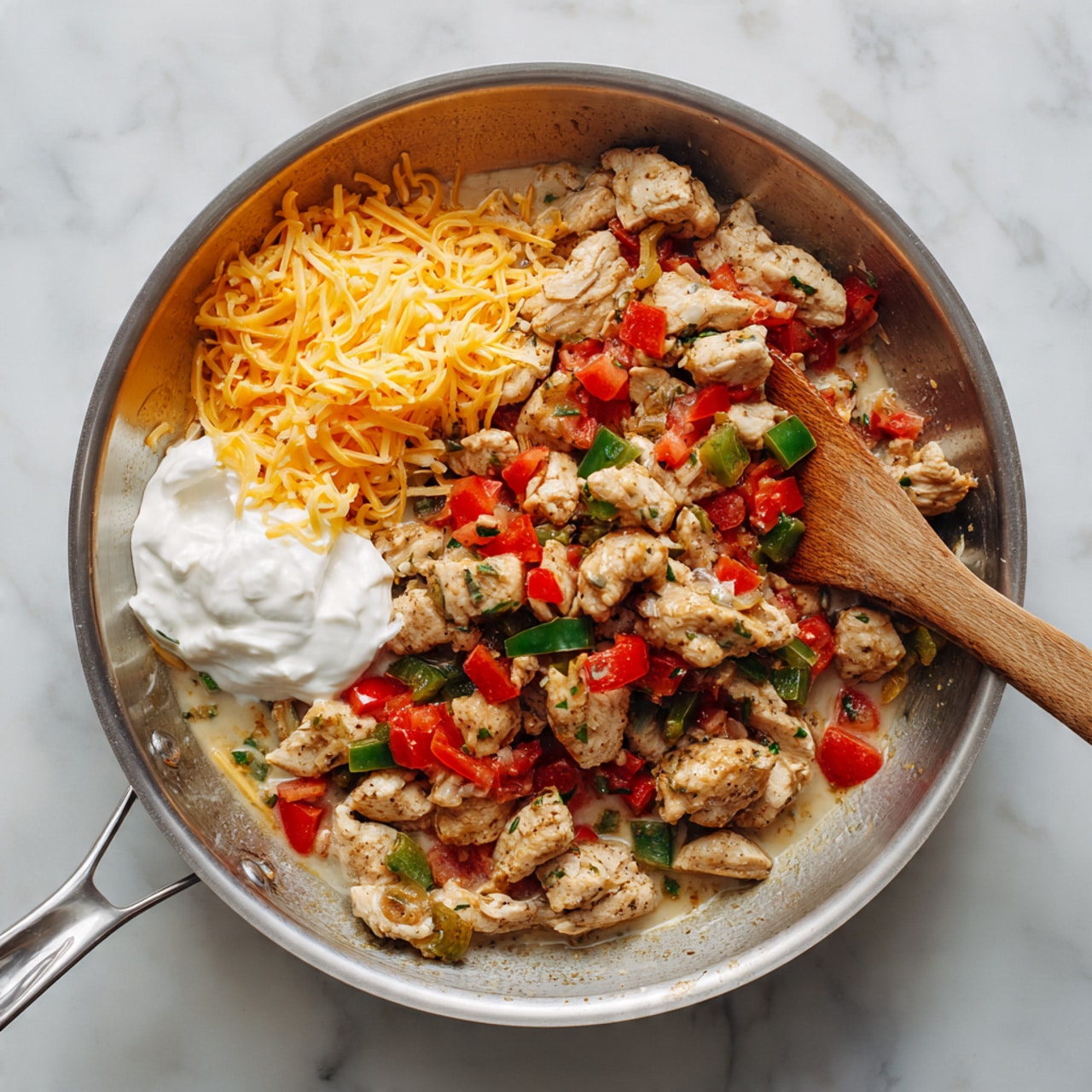 A silver pan filled with a mix of cooked chicken pieces, chopped green bell peppers, and diced tomatoes in a light sauce sits on a white marbled surface. On the left side of the pan, there is a pile of shredded yellow cheddar cheese and a dollop of white sour cream. On the right side of the pan, a wooden spatula is resting inside the mixture. The textures show tender chunks of chicken, soft cooked vegetables, and creamy toppings. Photo taken with an iphone --ar 4:5 --v 7