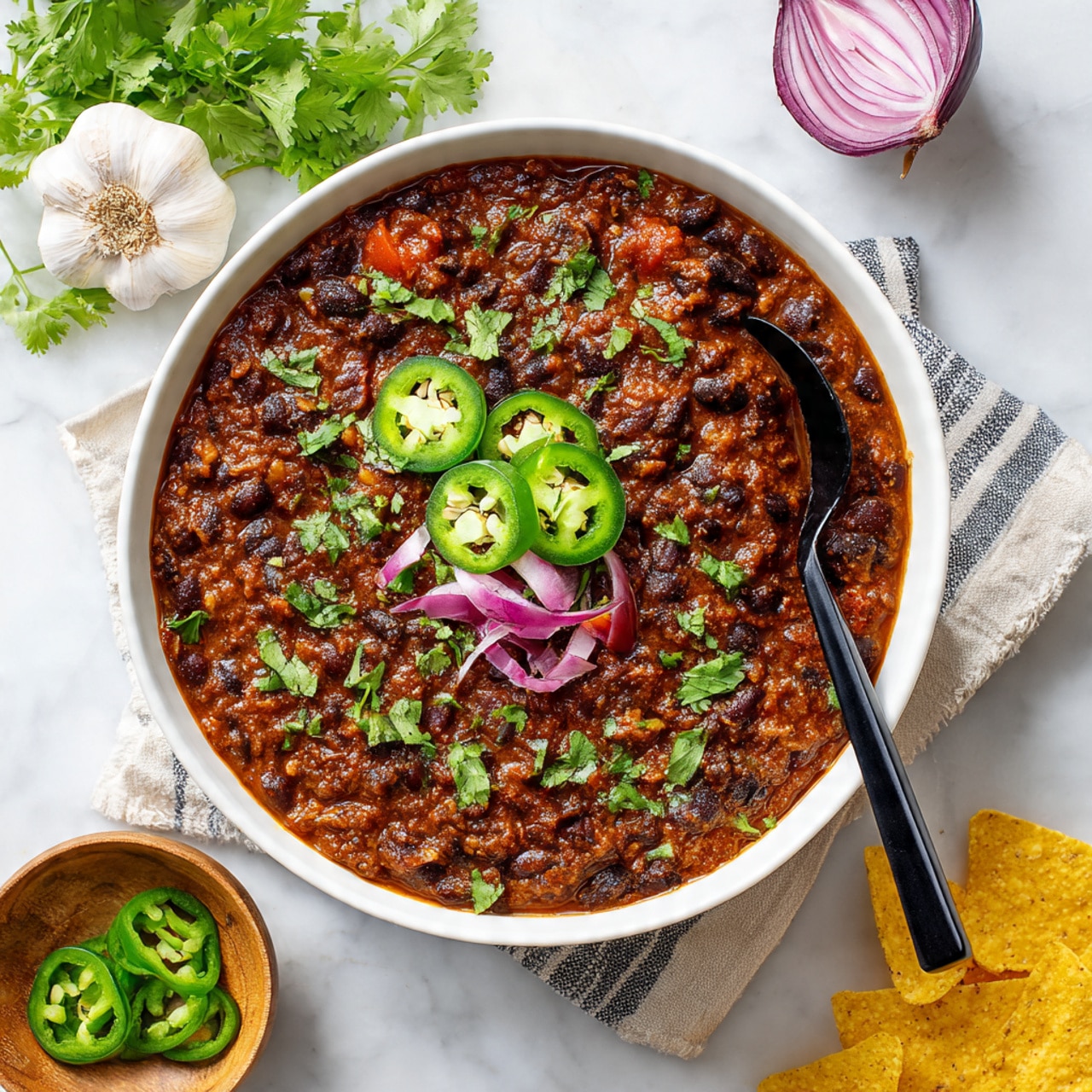 A top view of a red pot filled with a rich mixture of black beans, small pieces of cooked ground meat, chopped red bell peppers, and translucent diced onions in a thick brown sauce. The mixture has a textured, chunky look with the beans and vegetables clearly visible. A woman's hand is holding a wooden spoon with a black head, stirring the contents. The pot is placed on a white marbled surface. photo taken with an iphone --ar 4:5 --v 7