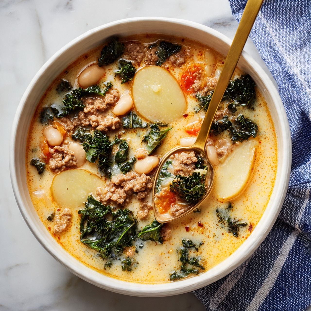 A bowl filled with creamy soup containing several layers: on the bottom, pale yellow broth with a smooth texture; over it, thin slices of light brown potatoes scattered around; mixed with chopped dark green kale leaves spread evenly; small white beans floating throughout; and bits of browned ground meat adding texture. A gold spoon holding some potatoes, meat, and greens rests inside the bowl. The bowl is white and sits on a white marbled surface with a blue and white striped cloth beside it. Photo taken with an iphone --ar 4:5 --v 7
