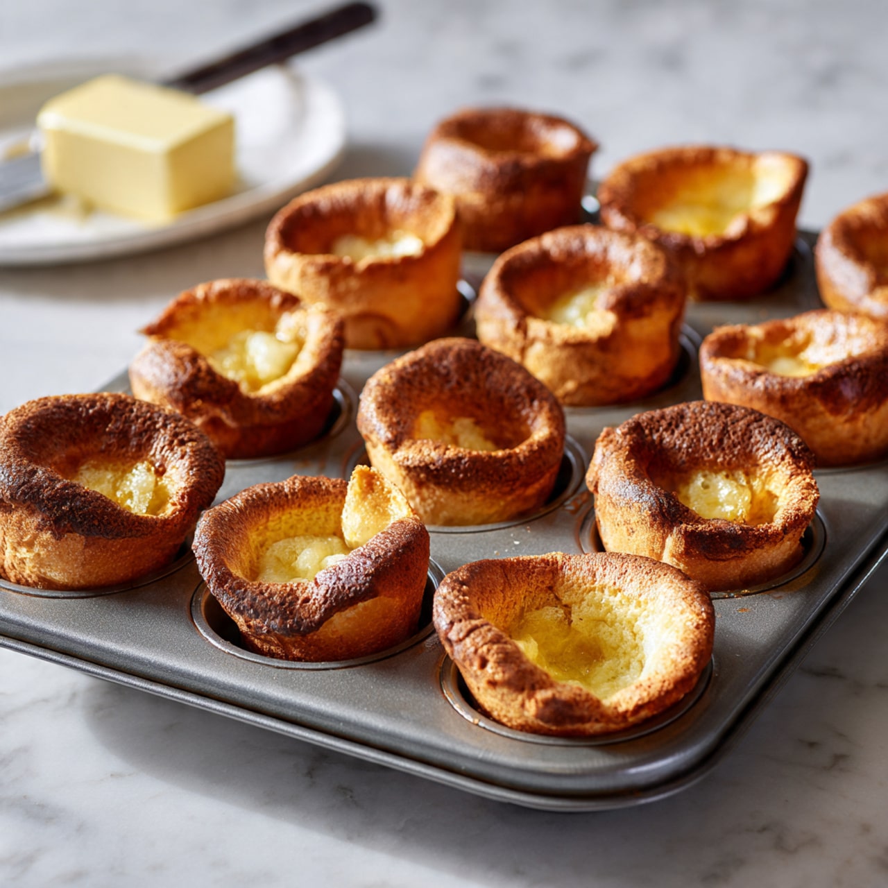 A metal muffin tray filled with twelve cups of batter, each topped with a generous layer of shredded pale yellow cheese. The batter is creamy and smooth, filling each cup almost to the brim. Some cheese spills slightly over the edges onto the tray. The tray sits on a white marbled surface with soft natural light highlighting the texture of the cheese and the ridges of the metal tray. photo taken with an iphone --ar 4:5 --v 7