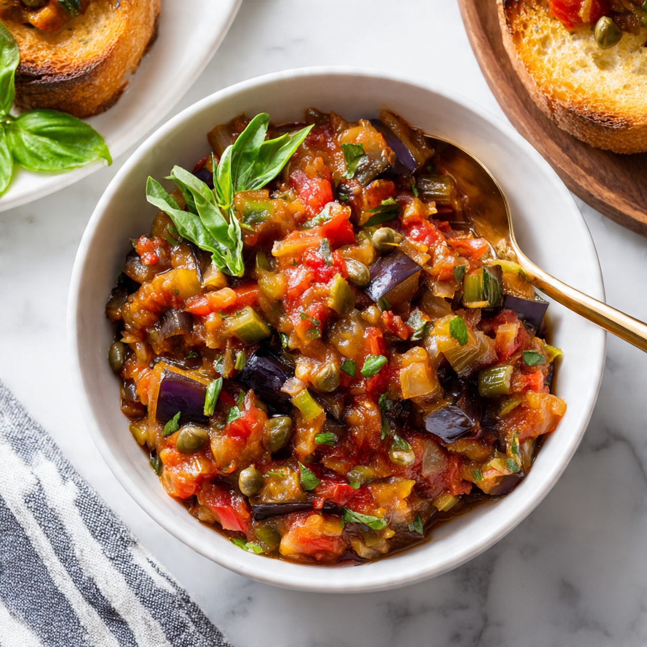 A white bowl filled with a colorful vegetable stew showing visible chunks of cooked eggplant in dark purple, diced red tomatoes, green celery pieces, onions, and small dark green capers.all mixed together creating a textured and hearty look. Bright green basil leaves are placed on top as garnish. The bowl sits on a white marbled surface with a striped cloth nearby and some loose basil leaves scattered around. In the background, there is a white plate with toasted bread topped with the same vegetable mixture, slightly blurred, giving a sense of depth. A gold spoon is partially inserted in the bowl. Photo taken with an iphone --ar 4:5 --v 7