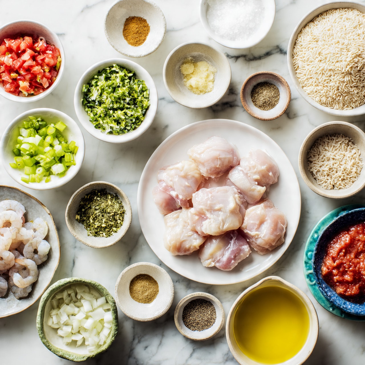The image shows a flat lay of various cooking ingredients arranged neatly on a white marbled surface. In the center is a white plate holding four raw chicken pieces with light pink and pale skin tones. Surrounding it are small white bowls filled with finely chopped green herbs, minced garlic, diced celery in light green, chopped red bell peppers, and raw peeled shrimp that are pale grayish-white. There are also slices of reddish-brown sausage on a white plate, uncooked light brown rice in a white bowl, finely chopped white onions in a green ceramic bowl, tomato paste in a small bowl with a blue rim, and diced tomatoes in a white bowl. Additional ingredients include a small white bowl of yellowish olive oil, a measuring cup of light beige broth, a white bowl of pale yellow liquid, and three small textured bowls holding dry spices in brown, black, and off-white colors. All items are carefully spaced and have soft, natural lighting. photo taken with an iphone --ar 4:5 --v 7