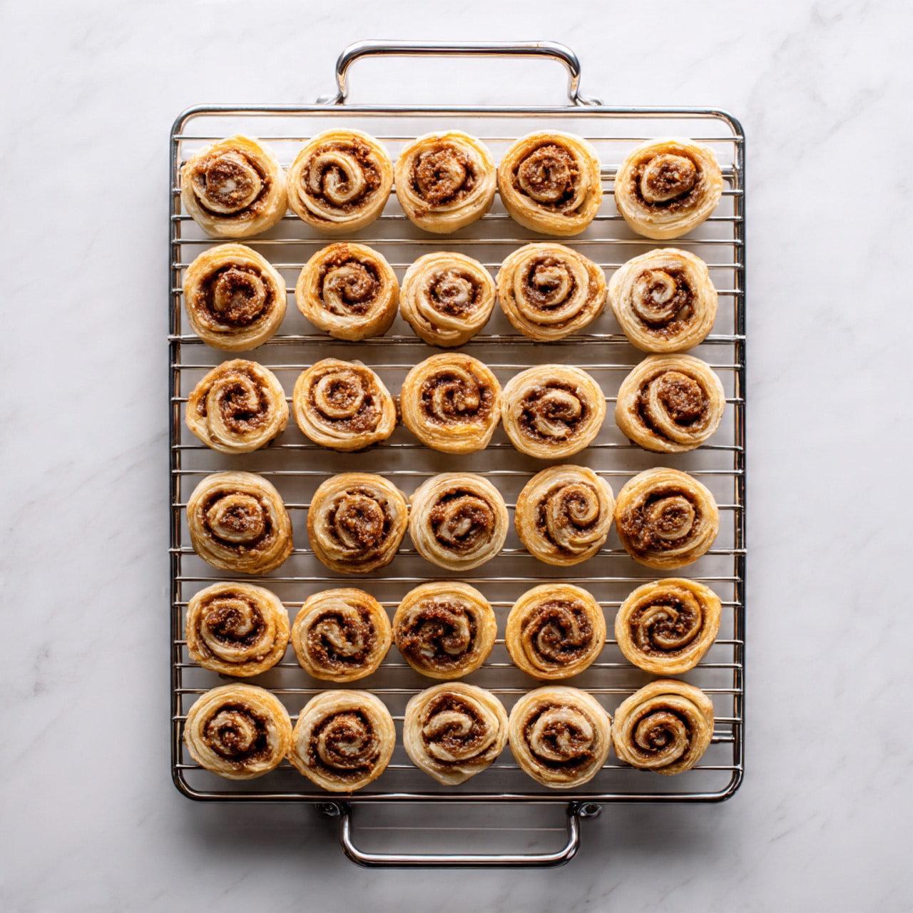 The image shows a metal cooling rack filled with 28 small swirled pastries arranged neatly in rows. Each pastry has two visible layers: a light golden-brown outer dough with a slightly flaky texture and a darker brown inner filling that looks smooth and spread evenly in spiral shapes. The pastries are placed on a white marbled surface, giving a clean and bright background. The metal rack has a simple grid pattern with a handle at the front. Photo taken with an iphone --ar 4:5 --v 7
