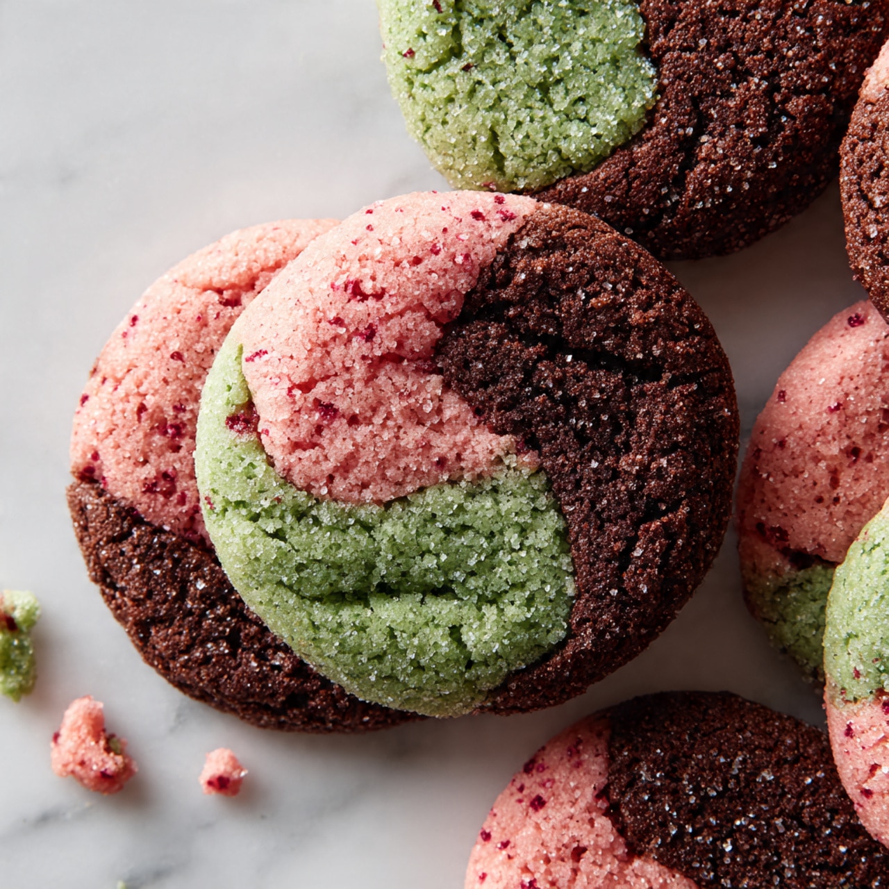 A stack of four round cookies is shown on a white marbled surface, each cookie having a mix of three colors: pink, green, and dark brown. The cookies have a slightly grainy texture with visible sugar crystals sprinkled on top, and red specks are scattered in the pink parts. The top cookie is broken in half, revealing thin layers inside with the same color pattern. Nearby, broken cookie pieces and crumbs are scattered around. In the blurred background, there is a light pink mug to the left and a white bottle to the right. Photo taken with an iphone --ar 4:5 --v 7