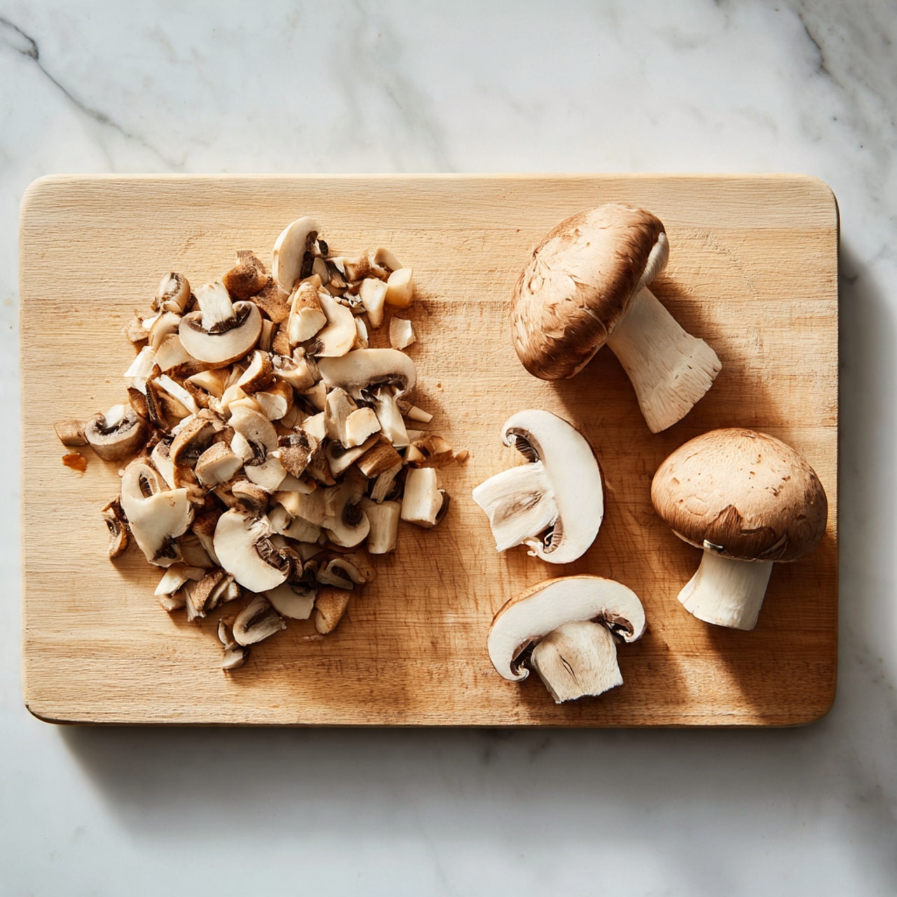 A light-colored wooden cutting board lies on a white marbled surface. On the left side of the board, there is a large pile of small, chopped brown mushrooms with creamy white inside, forming a rough mound with different-sized pieces. Towards the right side, there are four whole mushrooms, two of which are intact with a smooth brown cap and cream gills showing underneath, one is sliced horizontally into rings, and one is partly chopped into small pieces. The overall look is fresh and natural with the smooth wood grain of the board clear. photo taken with an iphone --ar 4:5 --v 7