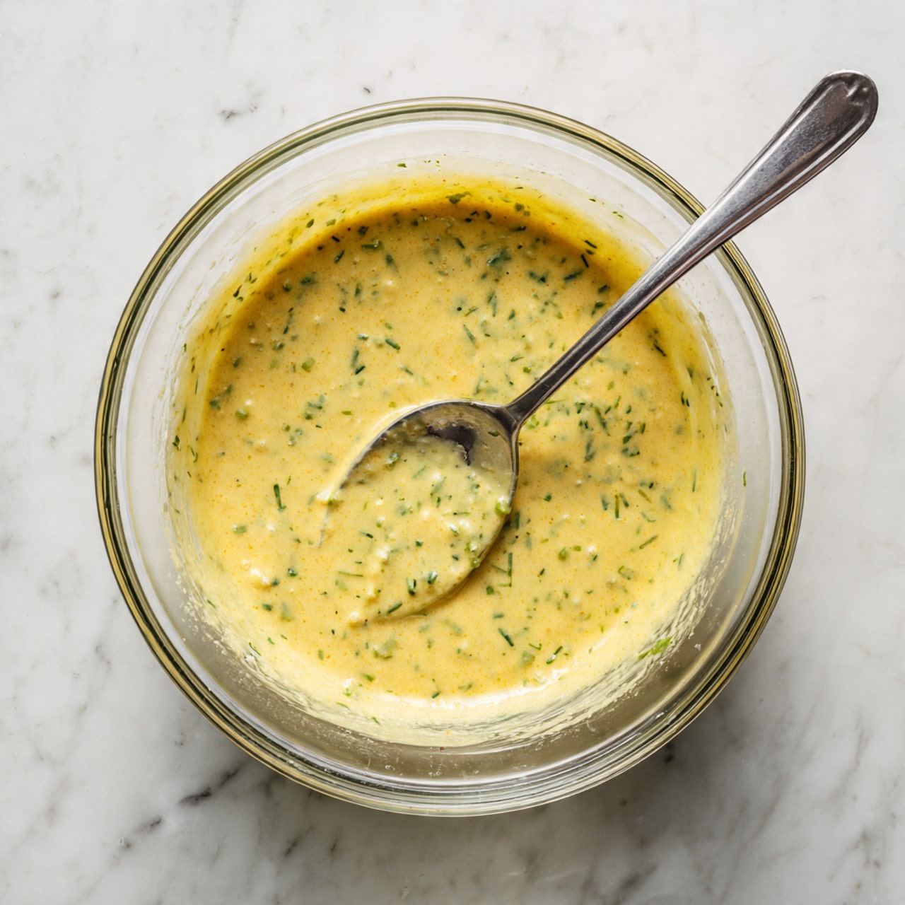 A clear glass bowl is placed on a white marbled surface, containing a thick mixture with a mustard yellow color tinted with green flecks of herbs evenly spread throughout. A silver spoon rests inside the bowl, partially submerged in the mixture, with some batter clinging to the sides. The mixture's texture looks smooth with small lumps and scattered green bits, suggesting a herby batter ready to be cooked. Photo taken with an iphone --ar 4:5 --v 7