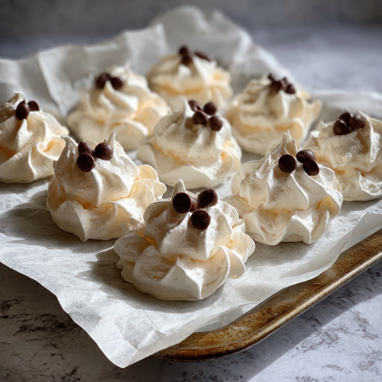 There are twelve small white meringue nests on a baking sheet lined with parchment paper. Each meringue has a light, airy texture with soft peaks and three small, dark chocolate chips placed on top. The baking sheet is placed on a white marbled surface. The meringues are uneven in shape, showing their delicate and fluffy nature. photo taken with an iphone --ar 4:5 --v 7